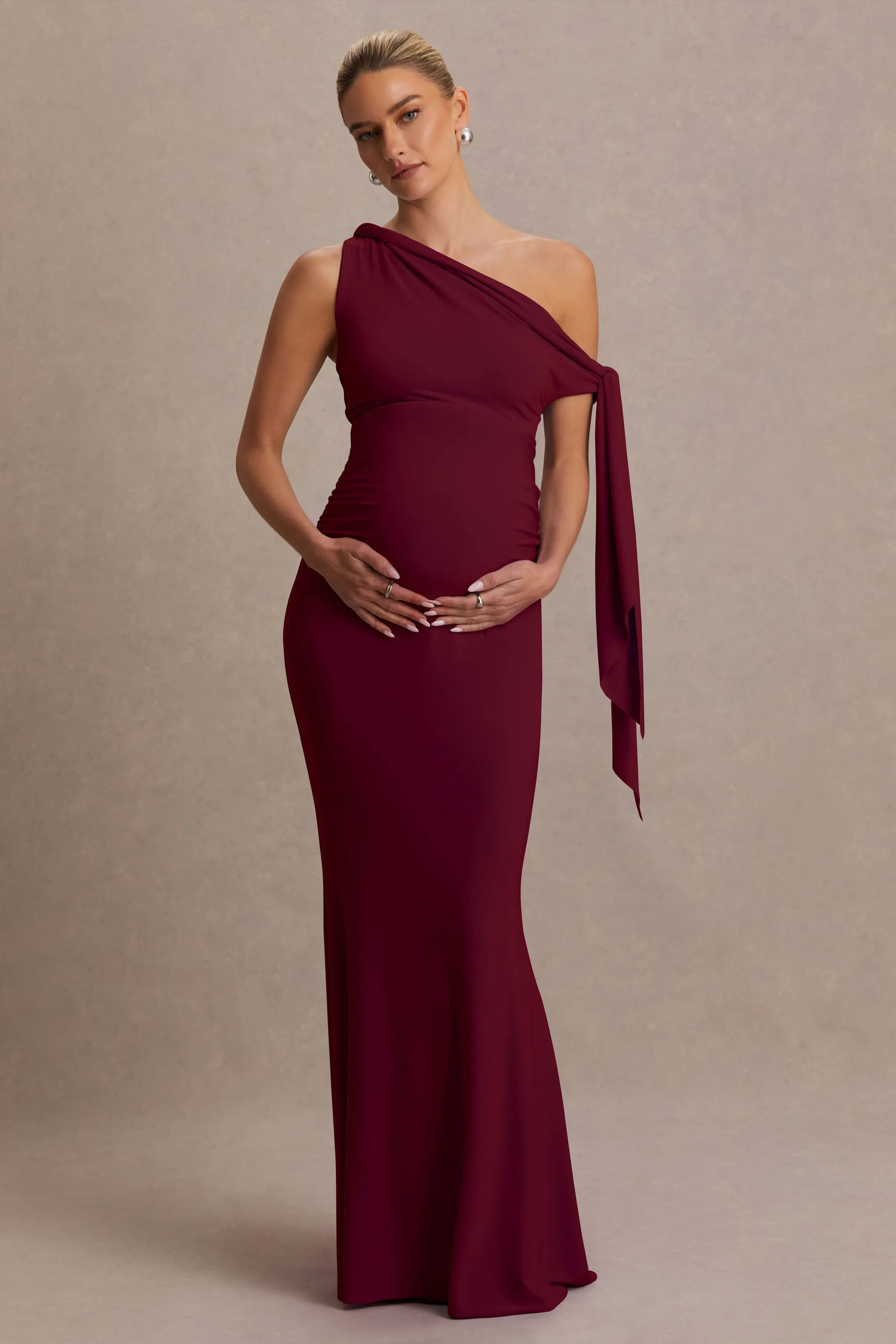 Orielle | Burgundy Asymmetric-Neck Maternity Maxi Dress With Knot-Sleeve And Sash sold by Club L London product image thumbnail 5