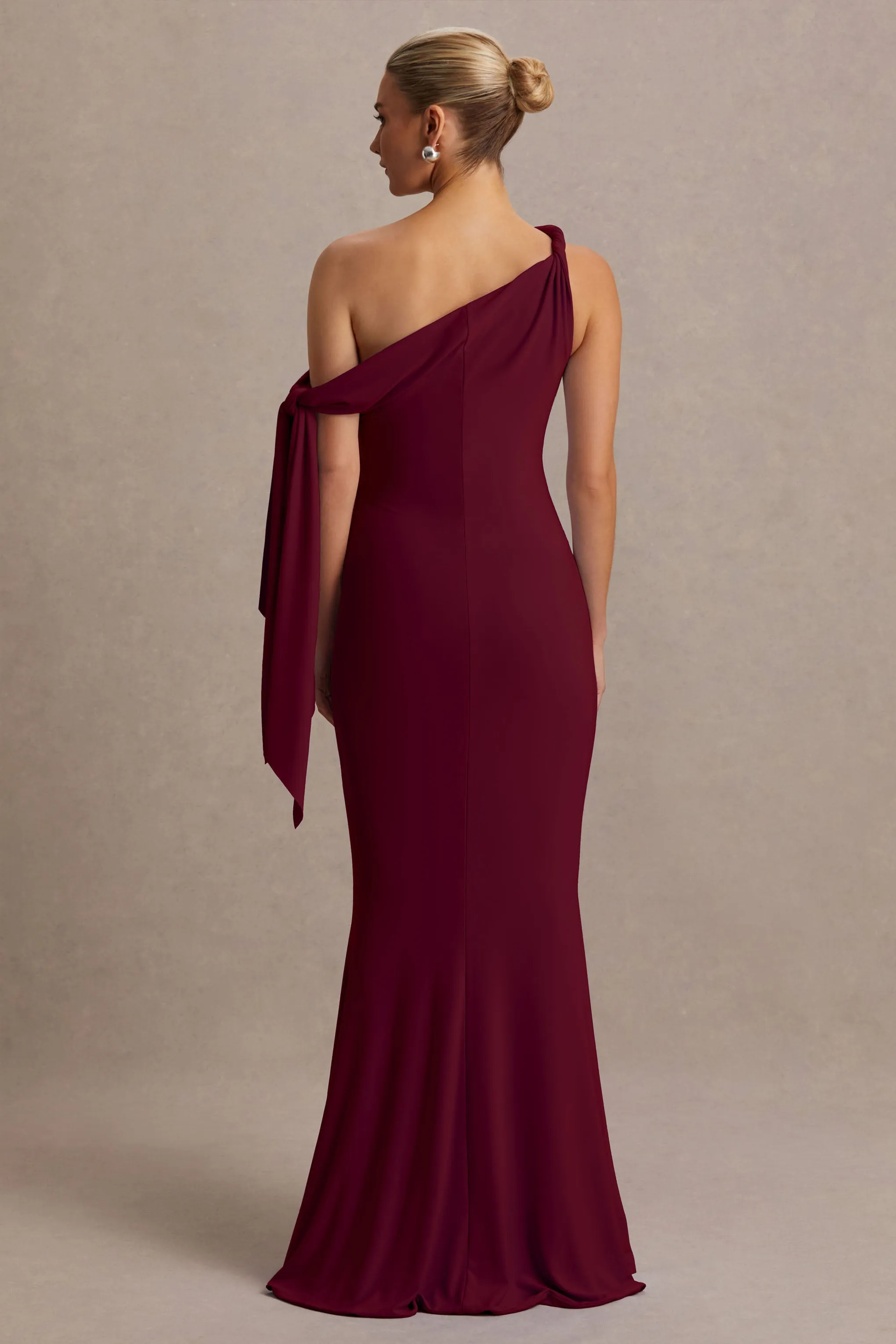 Orielle | Burgundy Asymmetric-Neck Maternity Maxi Dress With Knot-Sleeve And Sash sold by Club L London product image thumbnail 2