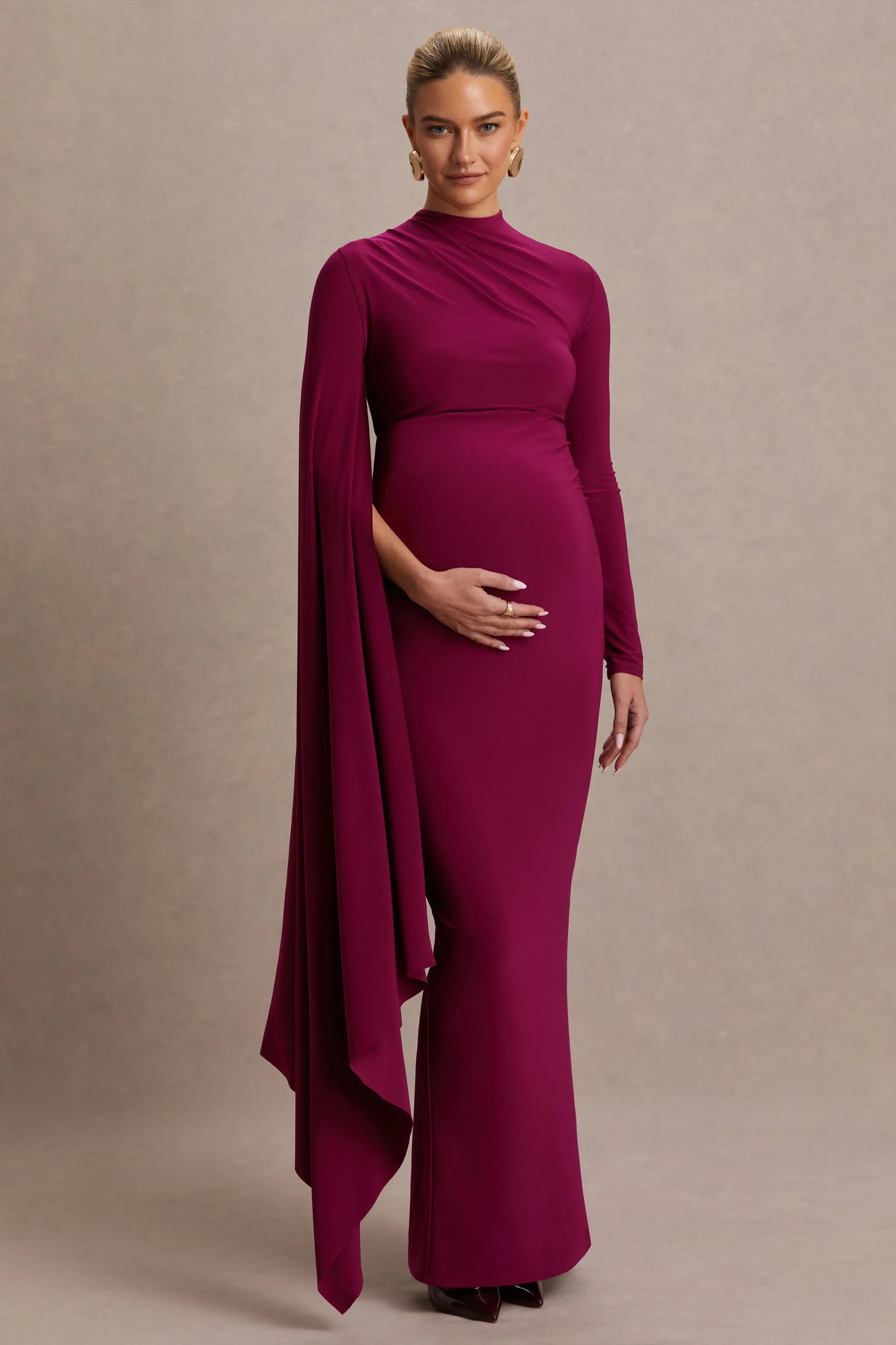 Lavinia | Berry High-Neck Maternity Maxi Dress With Cape-Sleeve sold by Club L London product image thumbnail 5