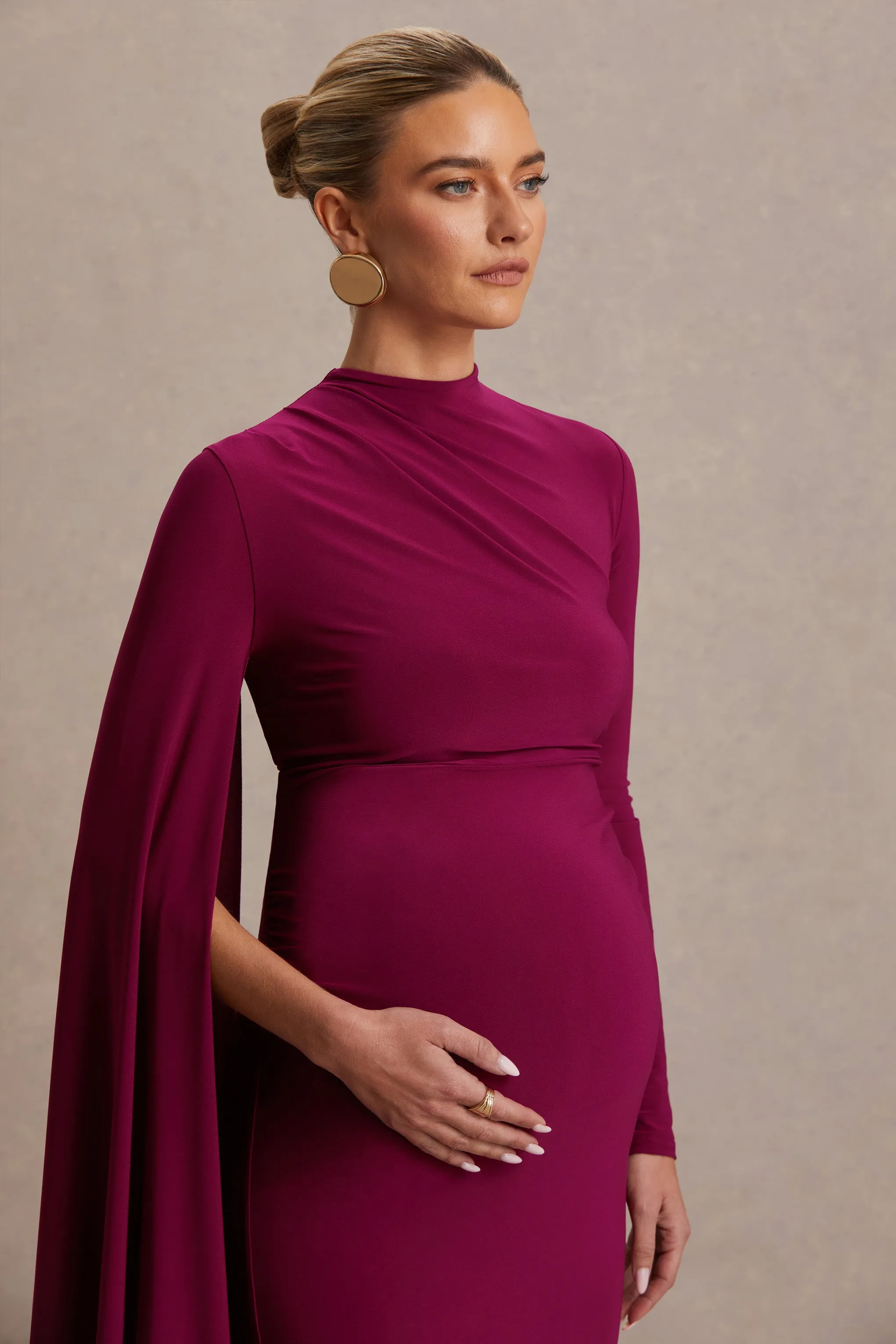 Lavinia | Berry High-Neck Maternity Maxi Dress With Cape-Sleeve sold by Club L London product image thumbnail 3