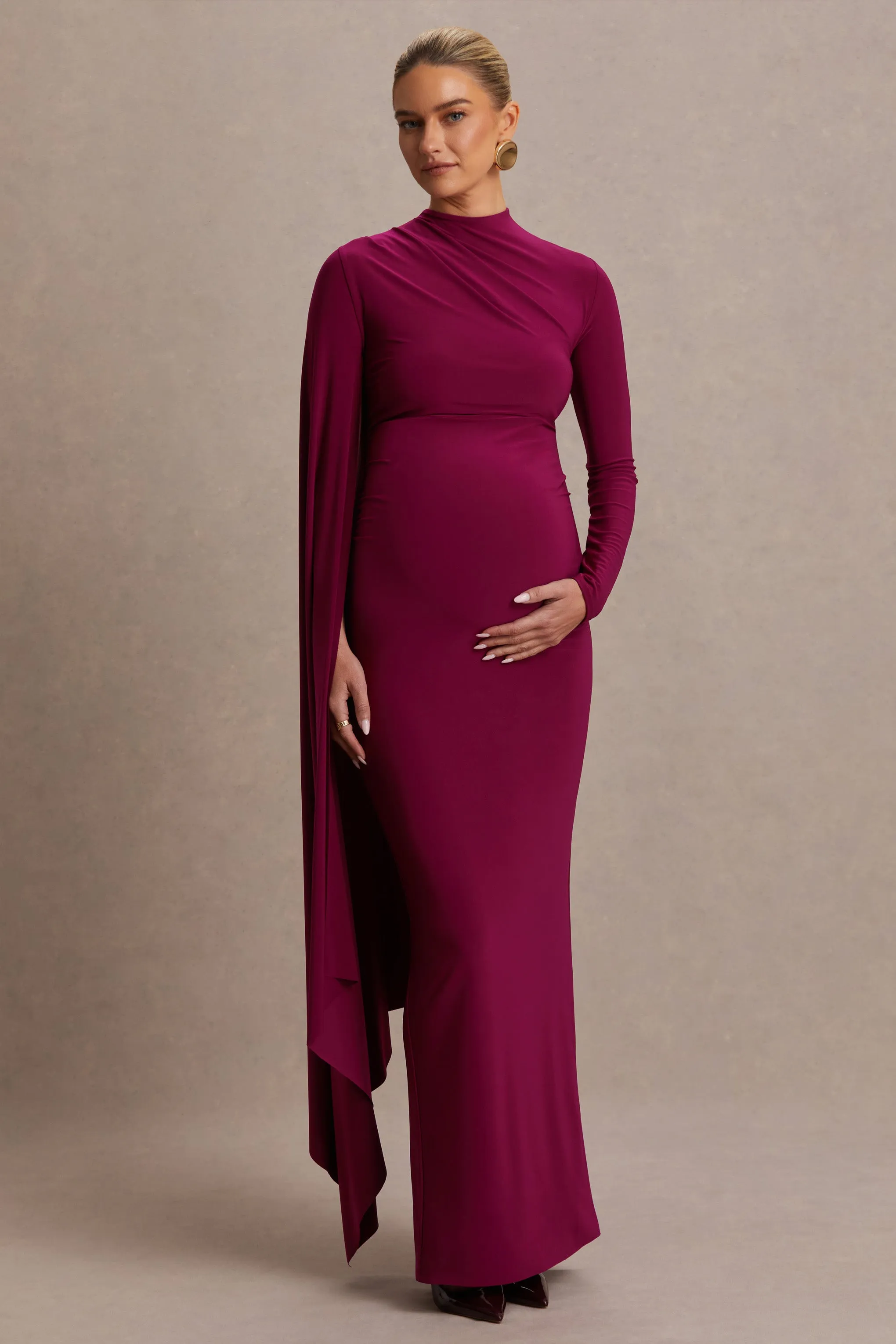 Lavinia | Berry High-Neck Maternity Maxi Dress With Cape-Sleeve sold by Club L London product image thumbnail 4