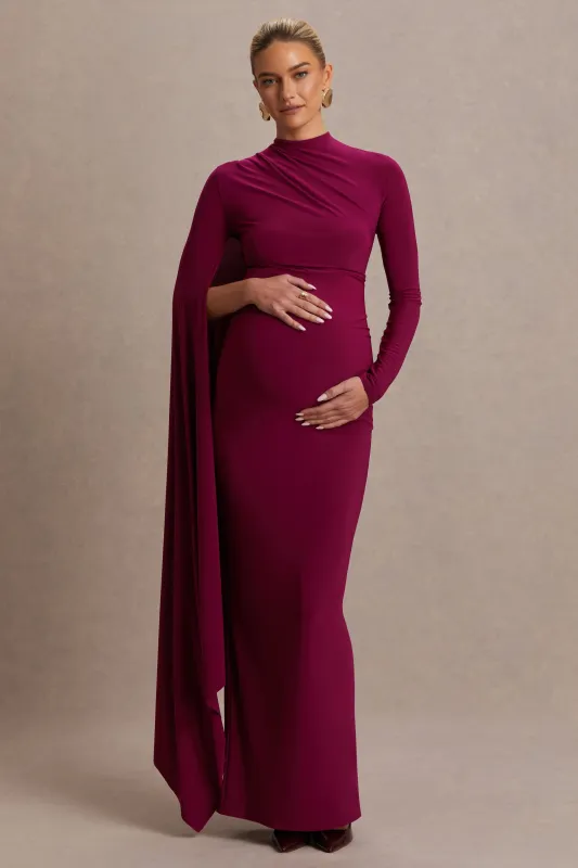 Lavinia | Berry High-Neck Maternity Maxi Dress With Cape-Sleeve sold by Club L London