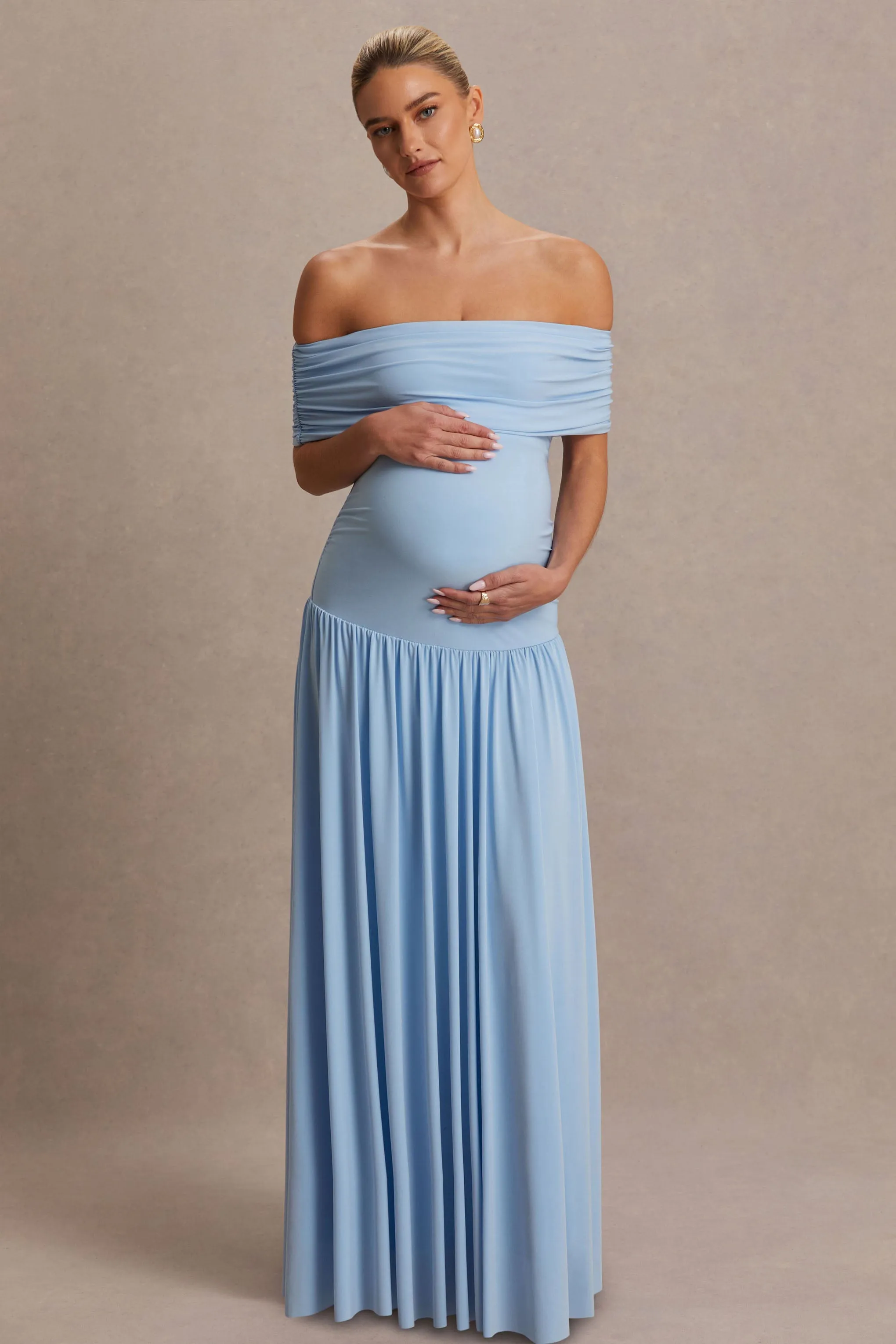 Juliette | Powder Blue Bardot-Neck Maternity Maxi Dress With Drop-Waist sold by Club L London product image thumbnail 4