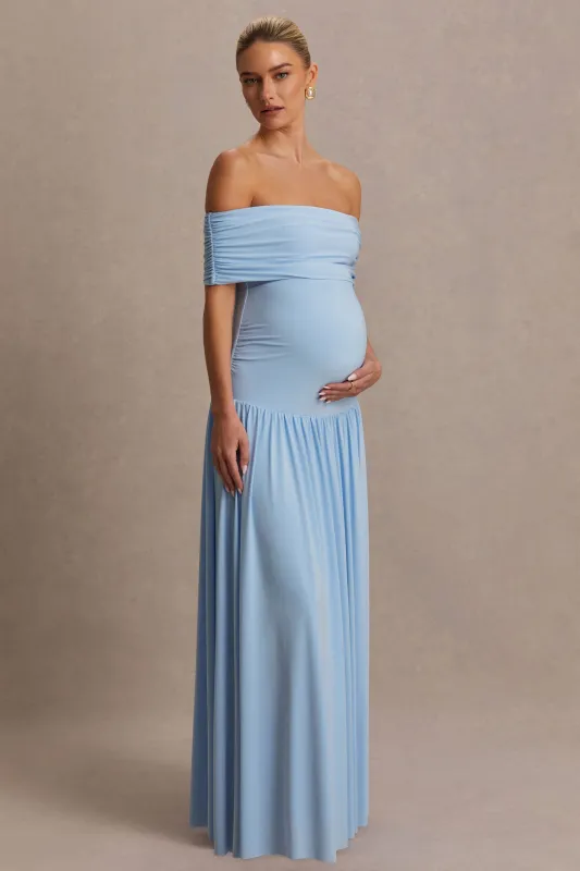 Juliette | Powder Blue Bardot-Neck Maternity Maxi Dress With Drop-Waist sold by Club L London