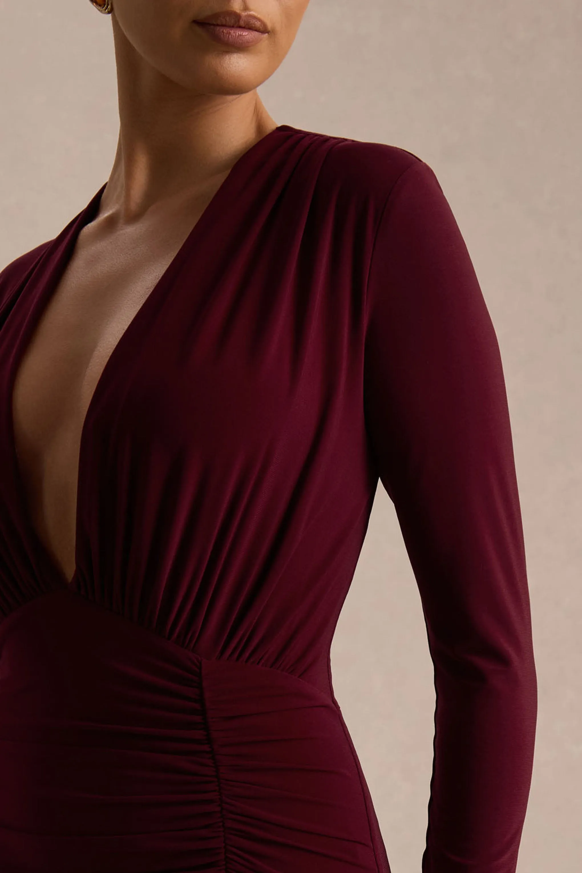 Command | Burgundy Plunge-Neck Maxi Dress With Front-High Split sold by Club L London product image thumbnail 3