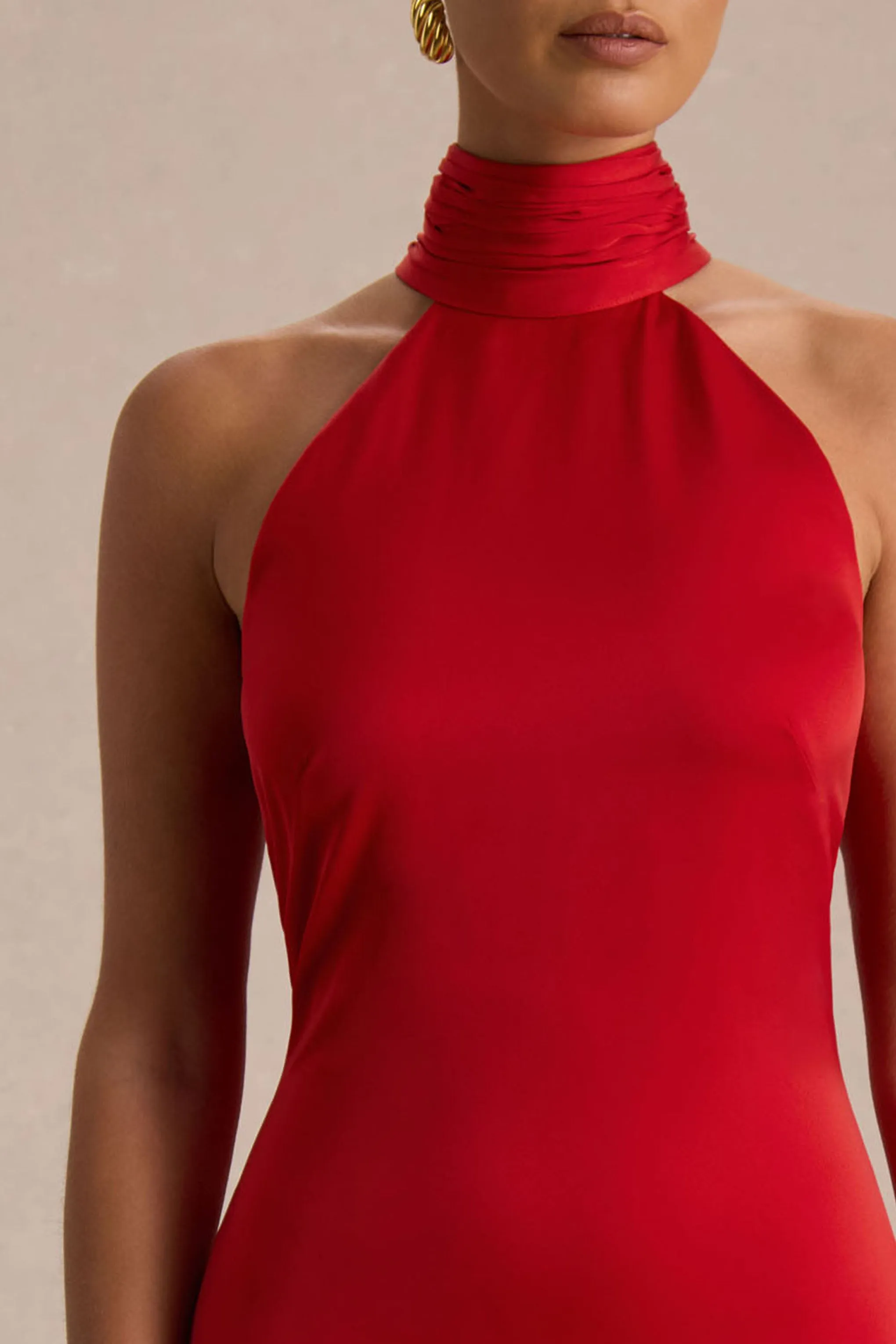 Luscious | Red High-Neck Maxi Dress With Drop-Waist And Bow Detail sold by Club L London product image thumbnail 4