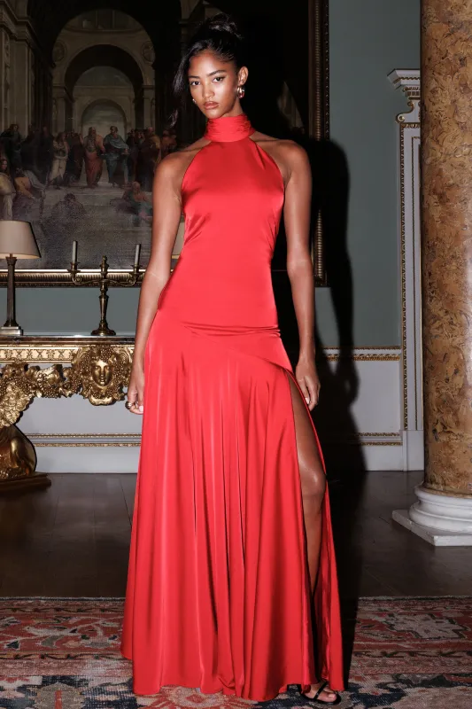 Luscious | Red High-Neck Maxi Dress With Drop-Waist And Bow Detail sold by Club L London