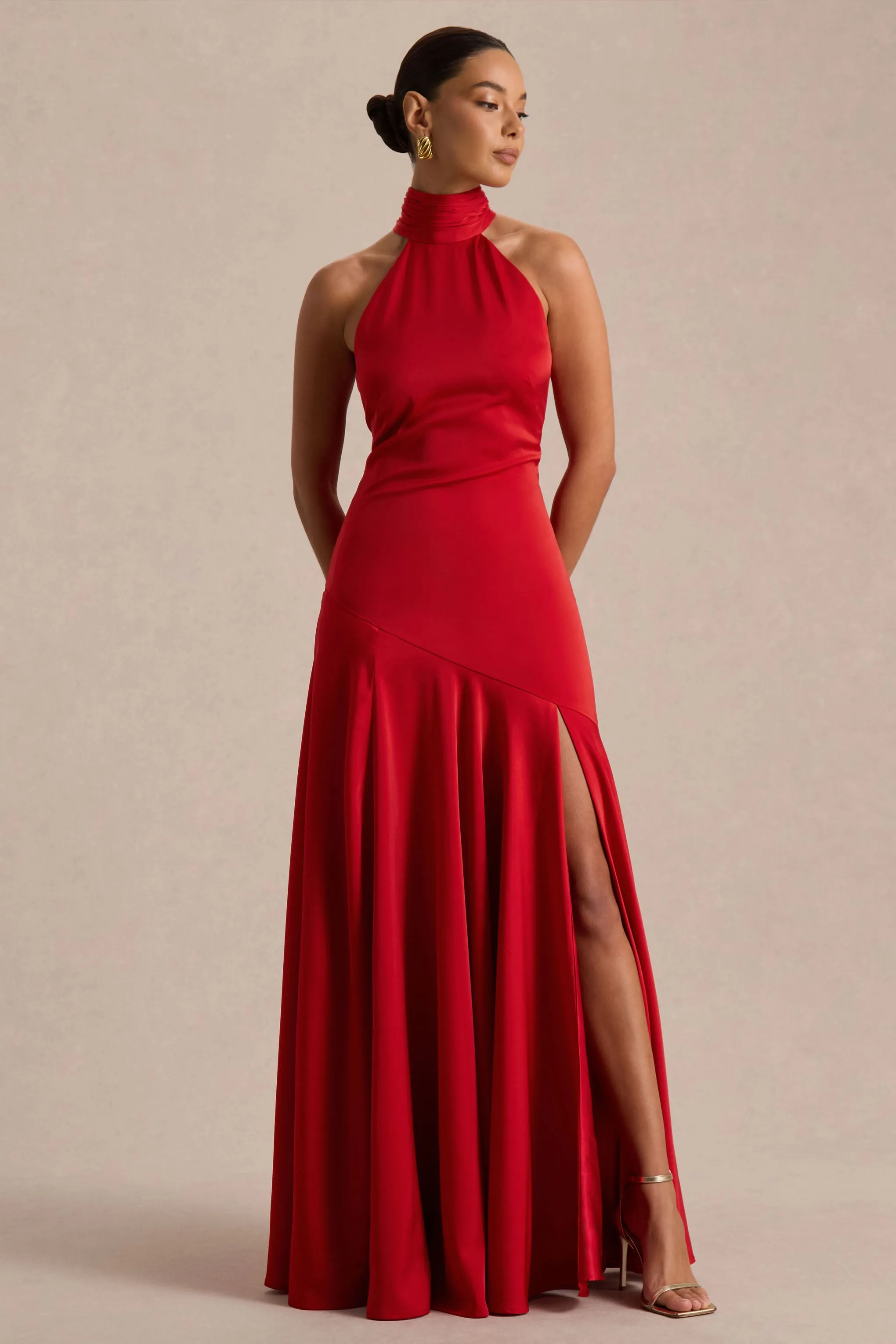 Luscious | Red High-Neck Maxi Dress With Drop-Waist And Bow Detail sold by Club L London product image thumbnail 5