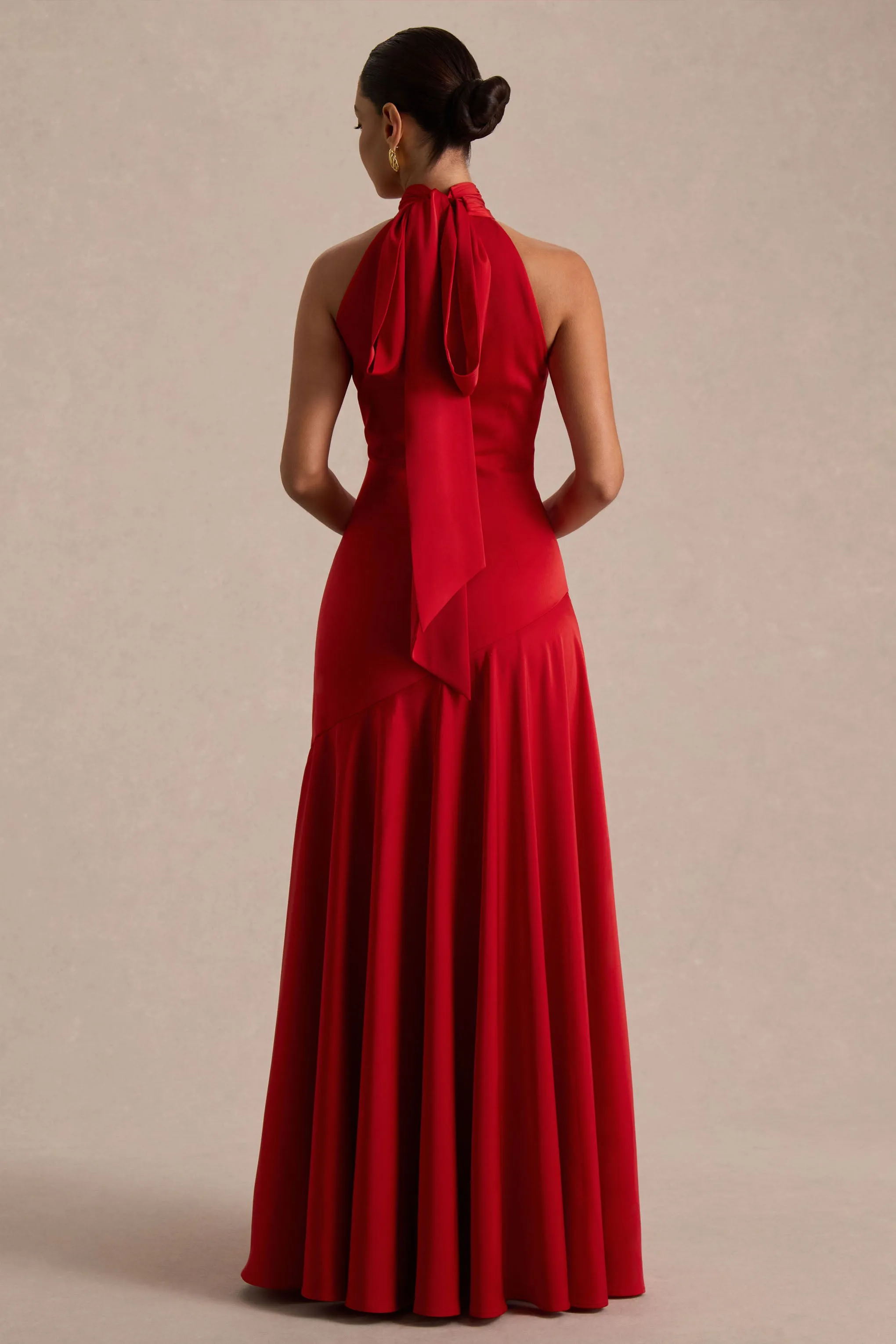 Luscious | Red High-Neck Maxi Dress With Drop-Waist And Bow Detail sold by Club L London product image thumbnail 3
