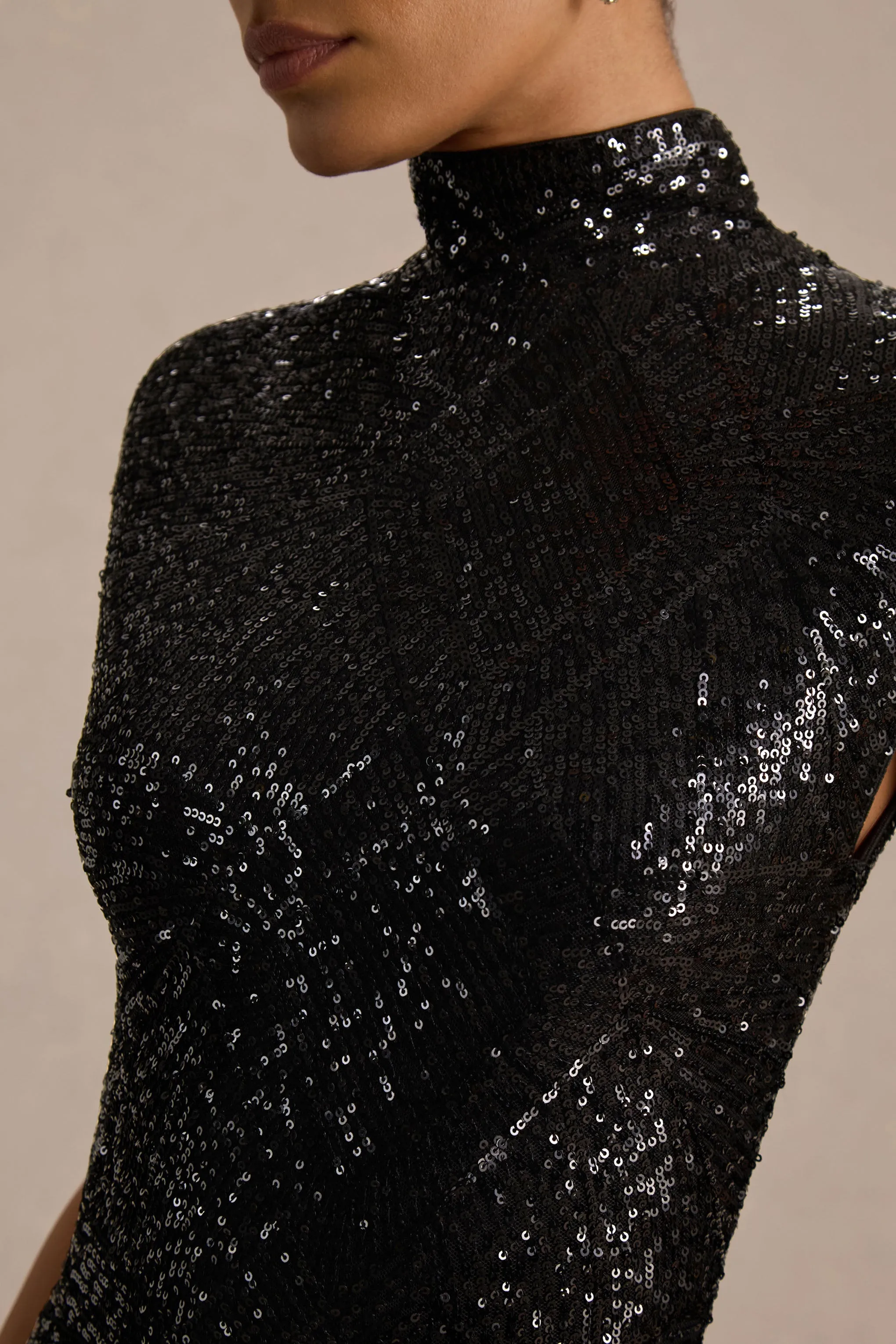 Cecy | Black Sequin High-Neck Maxi Dress With Cap Sleeves sold by Club L London product image thumbnail 3