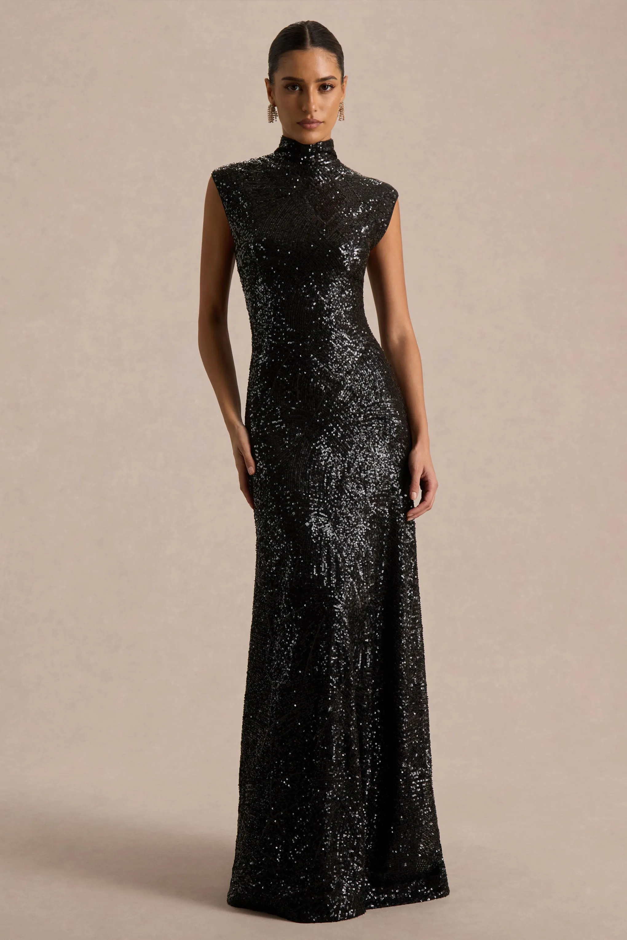 Cecy | Black Sequin High-Neck Maxi Dress With Cap Sleeves sold by Club L London product image thumbnail 4