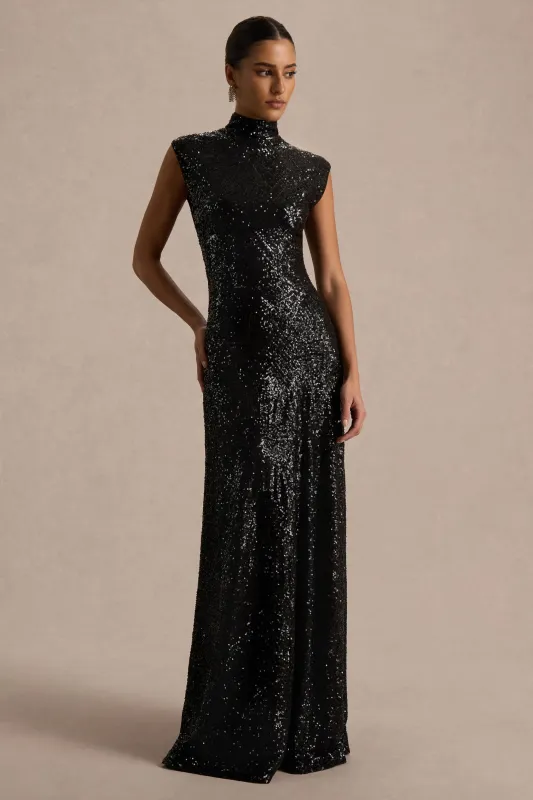 Cecy | Black Sequin High-Neck Maxi Dress With Cap Sleeves sold by Club L London
