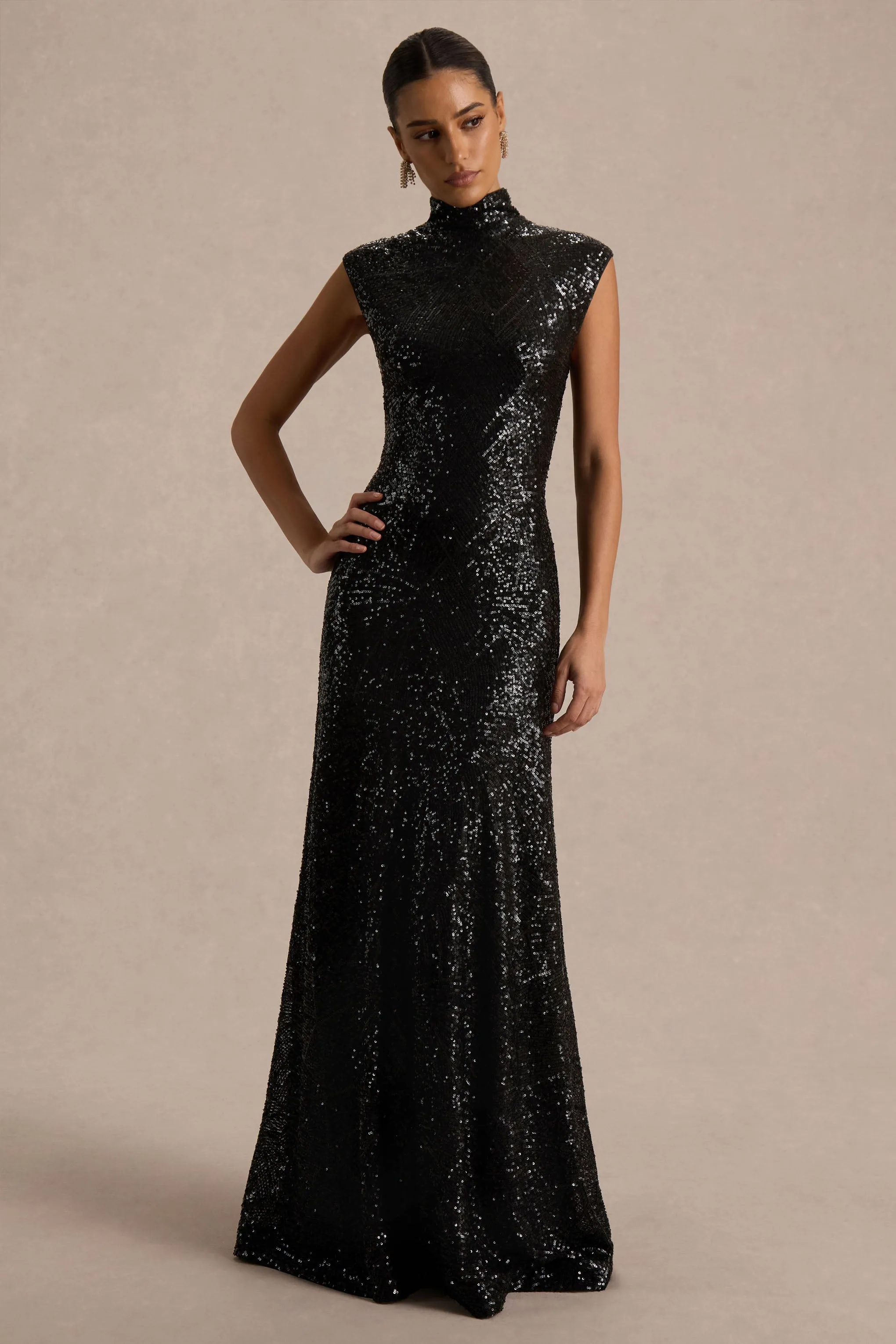 Cecy | Black Sequin High-Neck Maxi Dress With Cap Sleeves sold by Club L London product image thumbnail 5