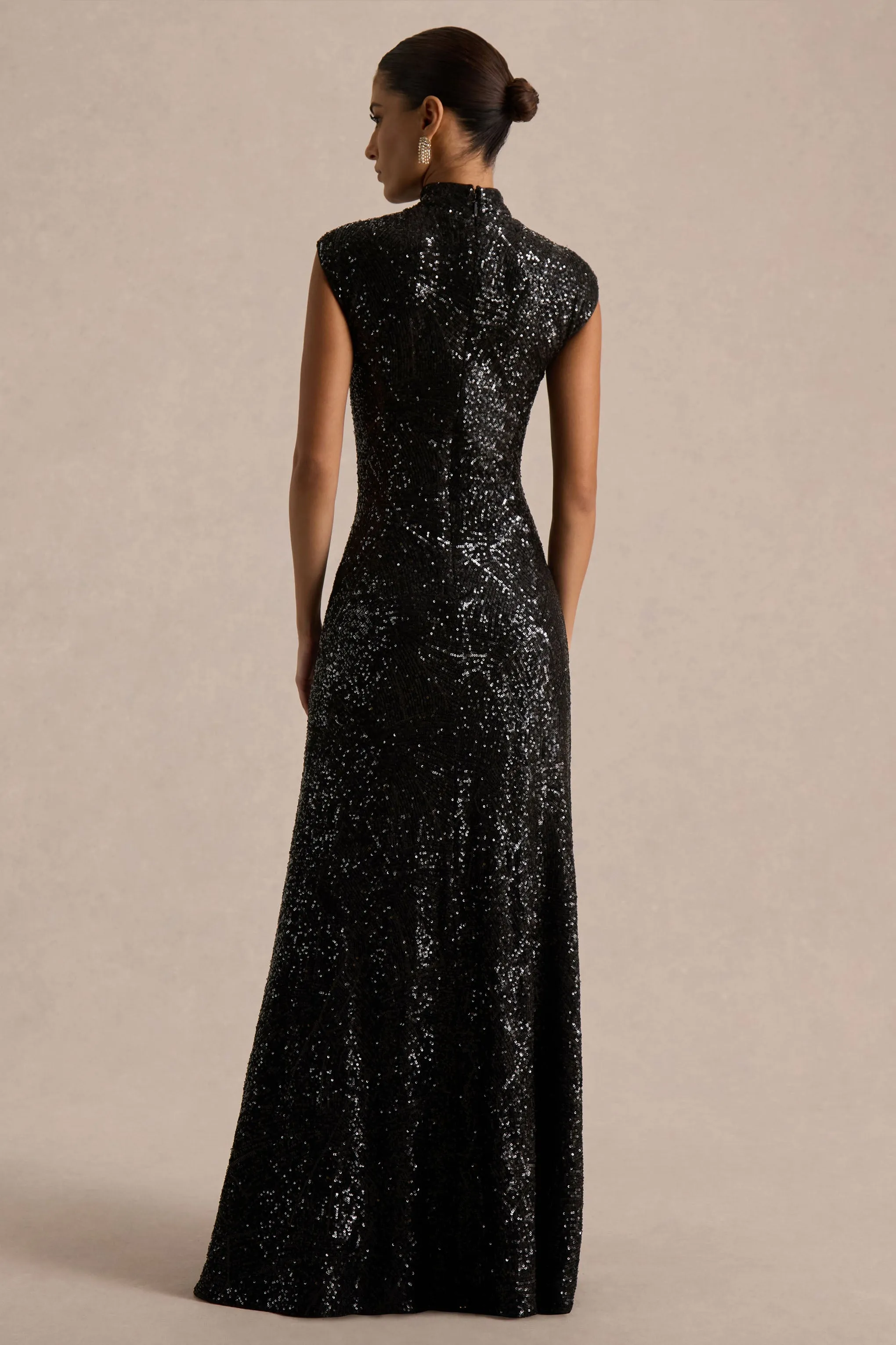 Cecy | Black Sequin High-Neck Maxi Dress With Cap Sleeves sold by Club L London product image thumbnail 2