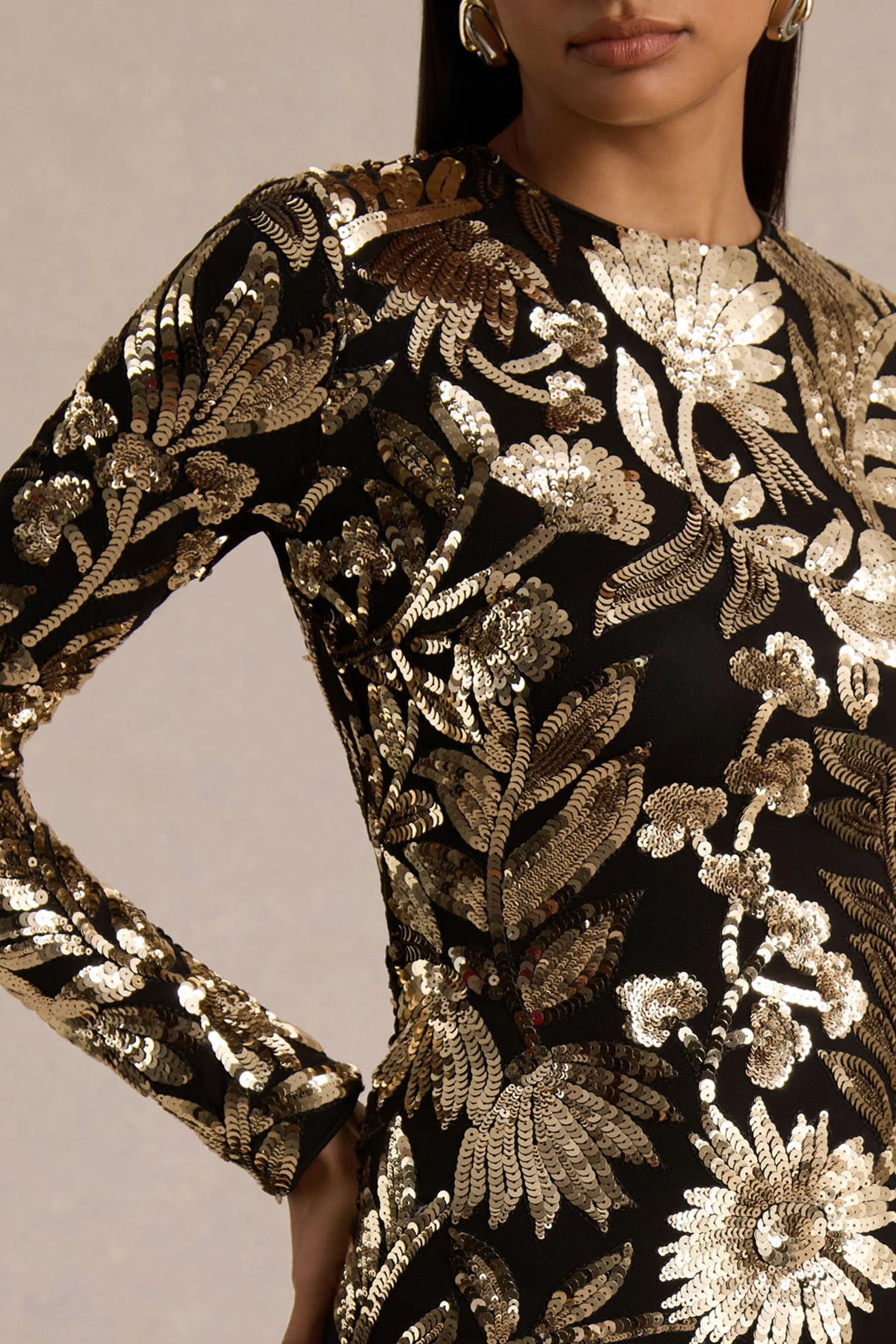 Lara | Black And Gold Embellished Sequin High-Neck Mini Dress With Feather Trim sold by Club L London product image thumbnail 3