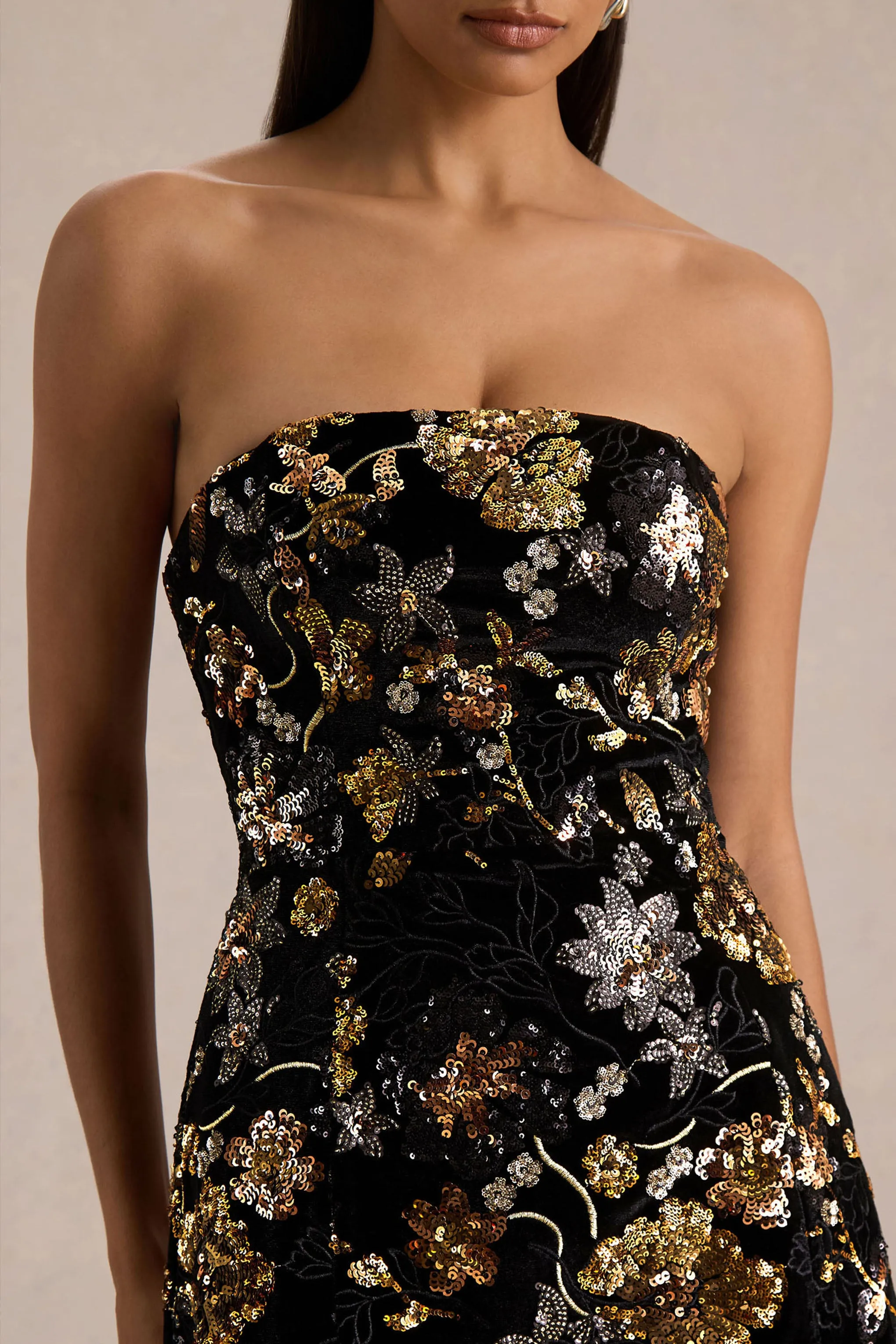 Valeri | Black Velvet Bandeau Mini Dress With Bronze Floral Sequin Embellishment sold by Club L London product image thumbnail 3