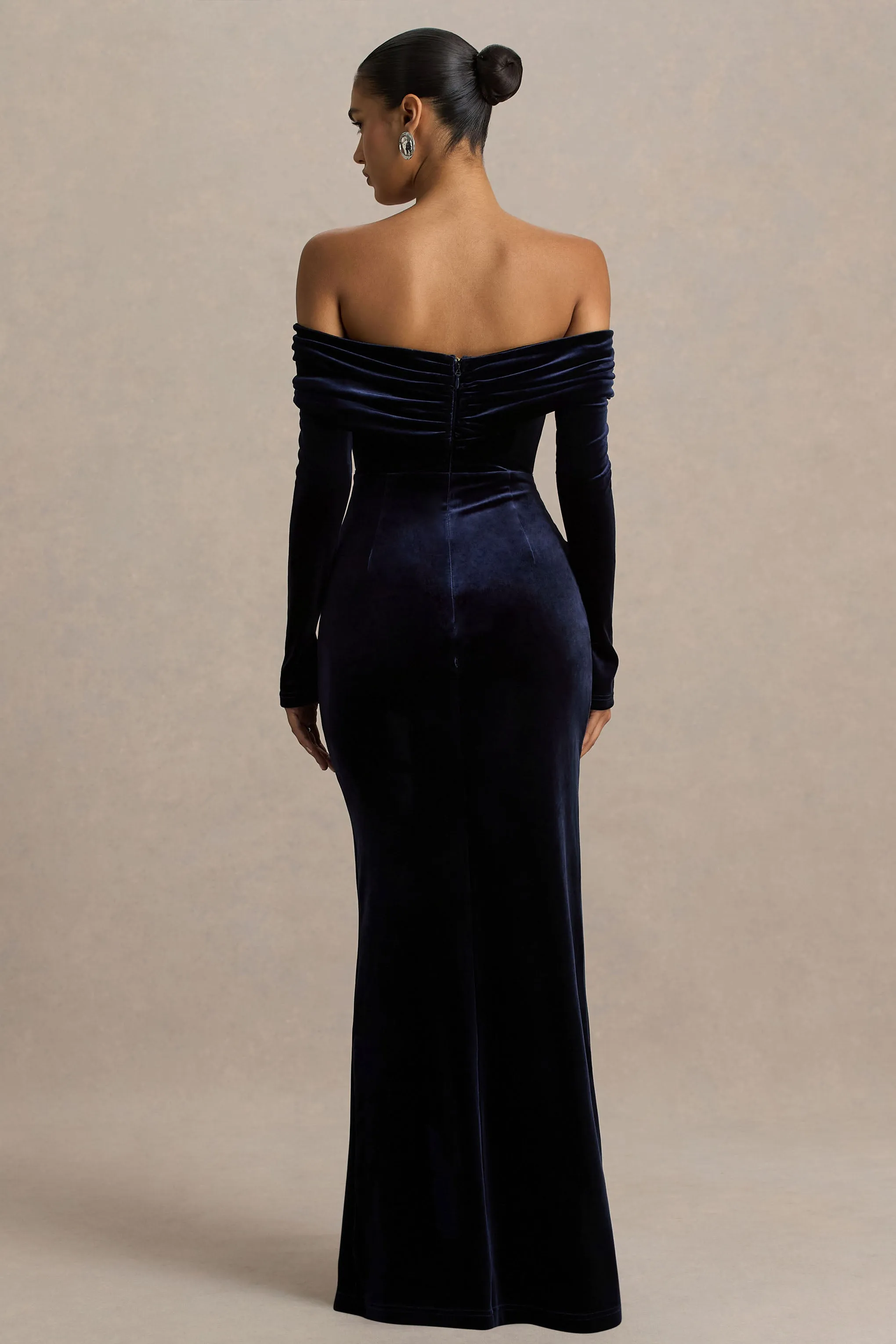 Countess | Navy Velvet Bardot-Neck Wrapped Maxi Dress With Front-High Split sold by Club L London product image thumbnail 2