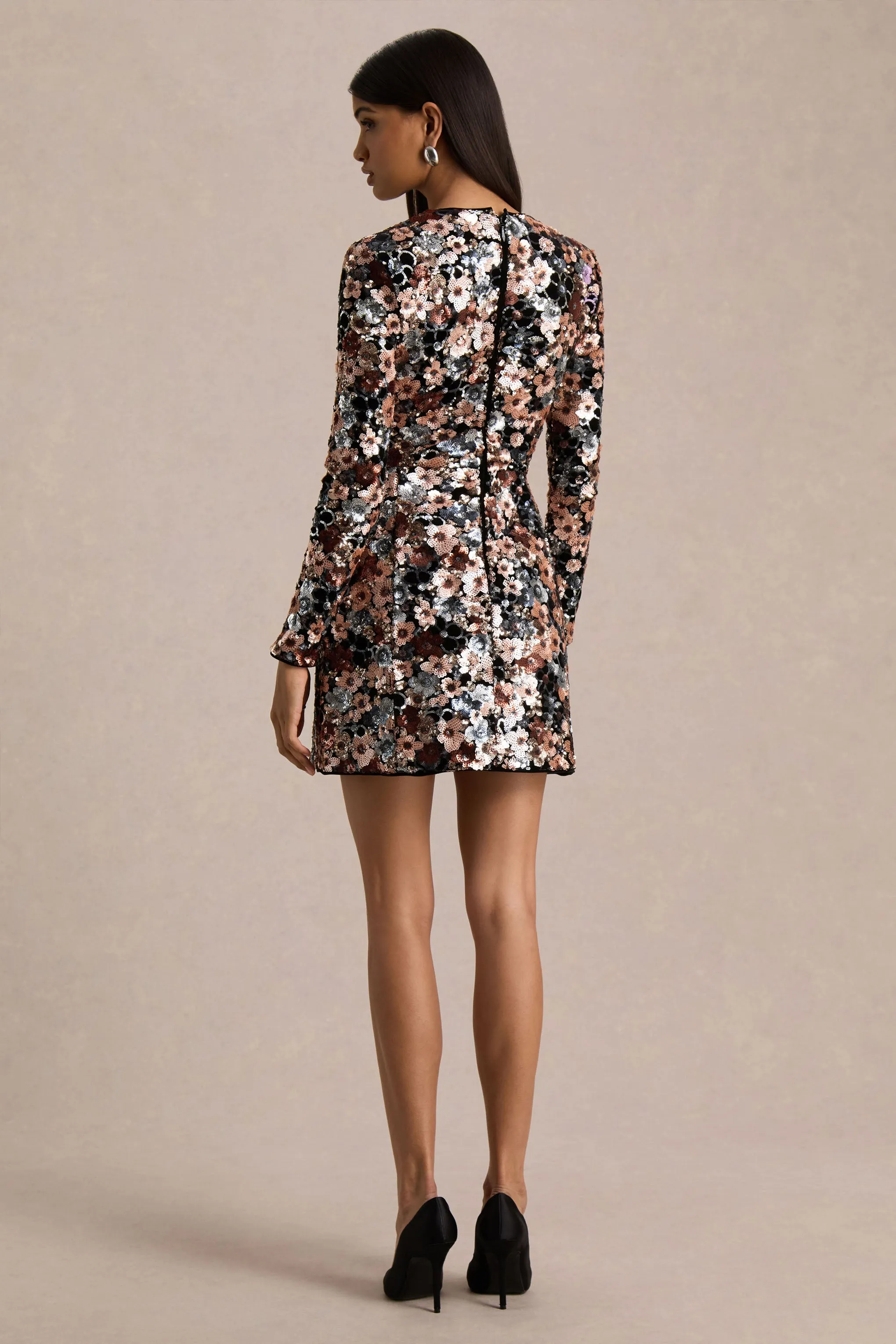Adaline | Black Velvet & Embellished Sequin Floral Long-Sleeved Mini Dress sold by Club L London product image thumbnail 2