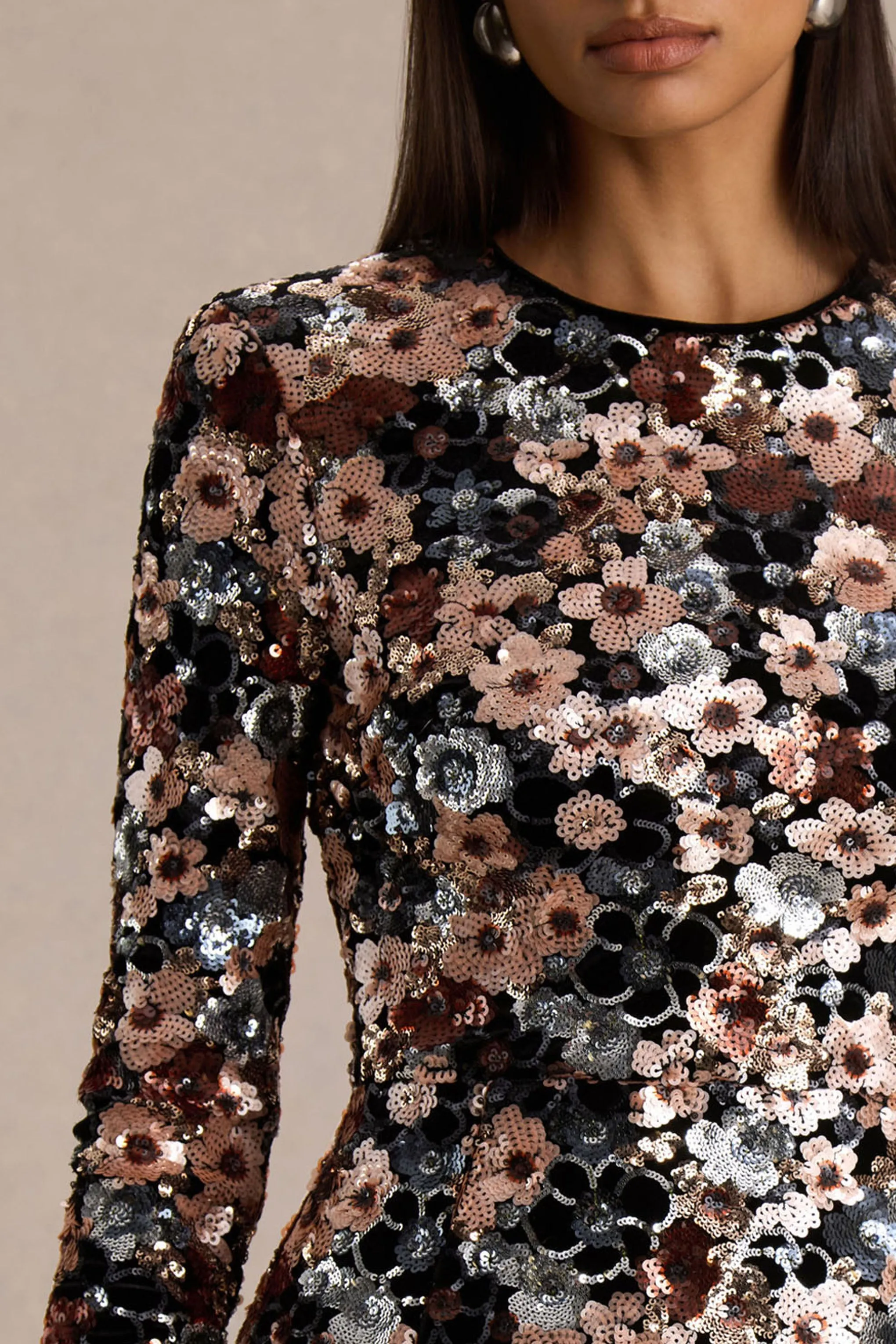 Adaline | Black Velvet & Embellished Sequin Floral Long-Sleeved Mini Dress sold by Club L London product image thumbnail 3