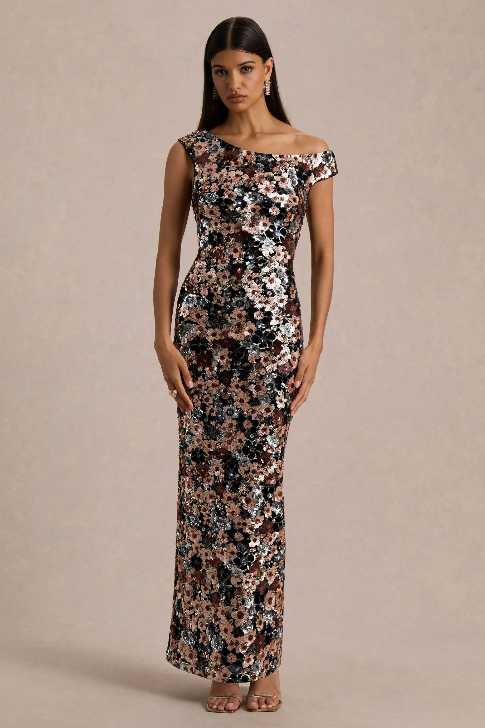 Electric | Black Velvet & Embellished Sequin Floral Asymmetric-Neck Maxi Dress sold by Club L London product image thumbnail 4