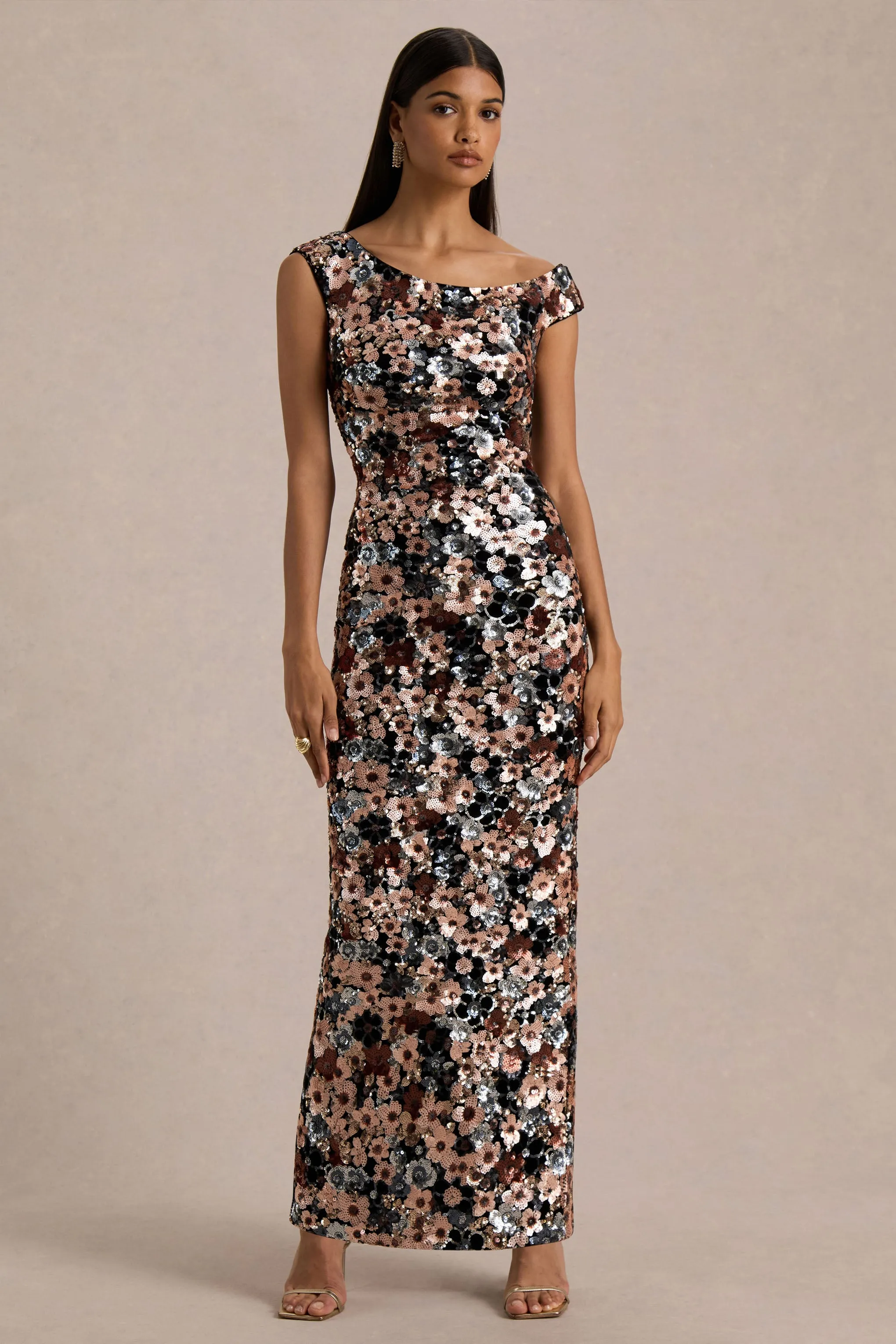 Electric | Black Velvet & Embellished Sequin Floral Asymmetric-Neck Maxi Dress sold by Club L London