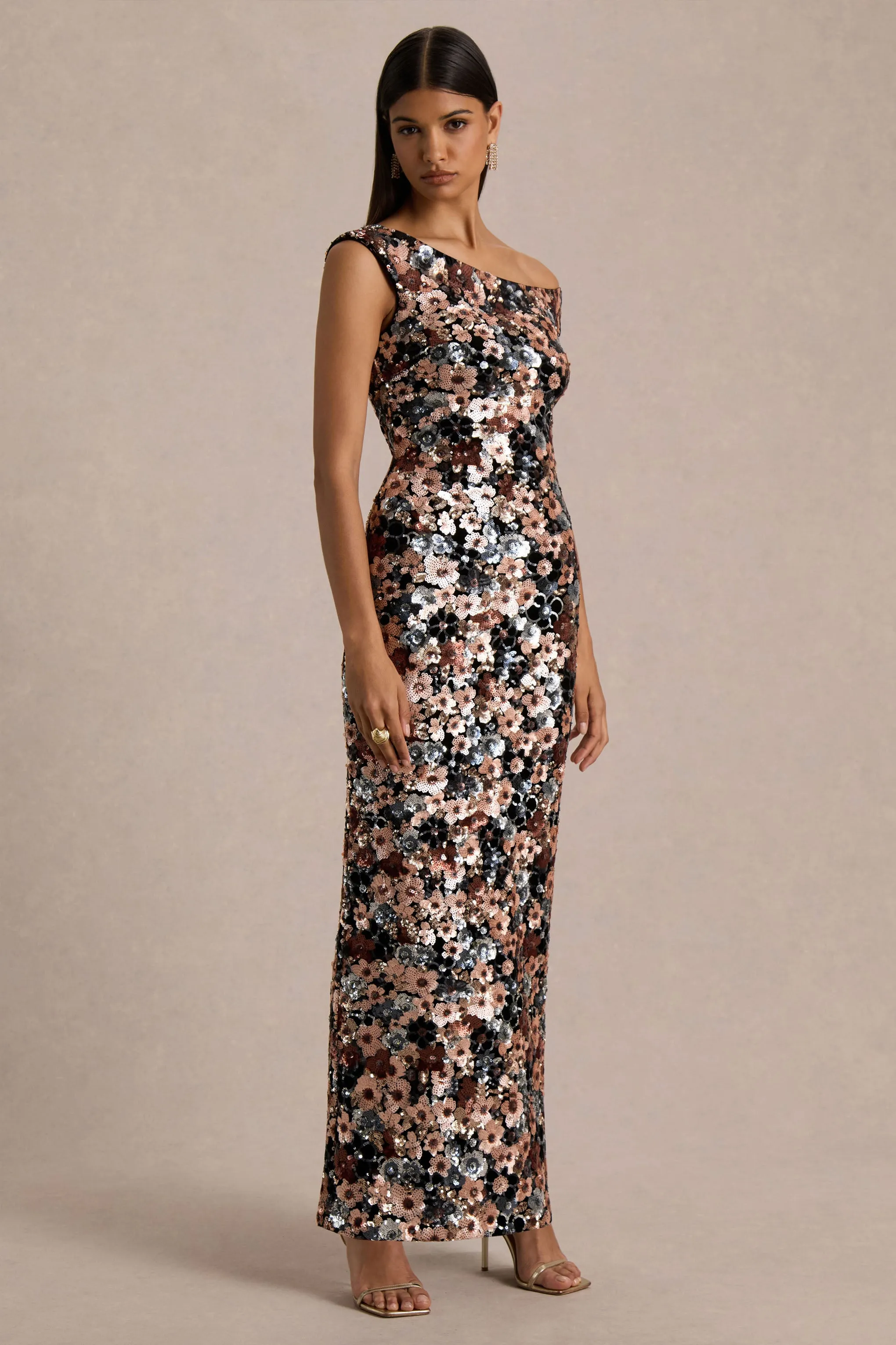 Electric | Black Velvet & Embellished Sequin Floral Asymmetric-Neck Maxi Dress sold by Club L London product image thumbnail 5