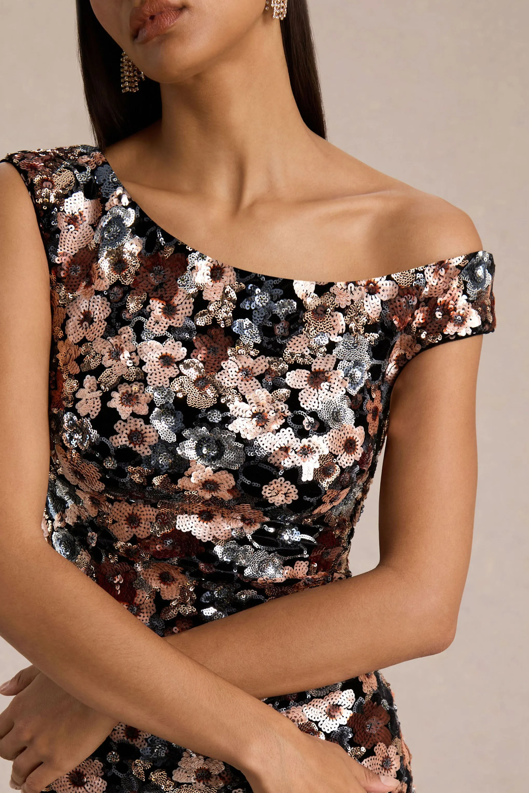 Electric | Black Velvet & Embellished Sequin Floral Asymmetric-Neck Maxi Dress sold by Club L London product image thumbnail 3