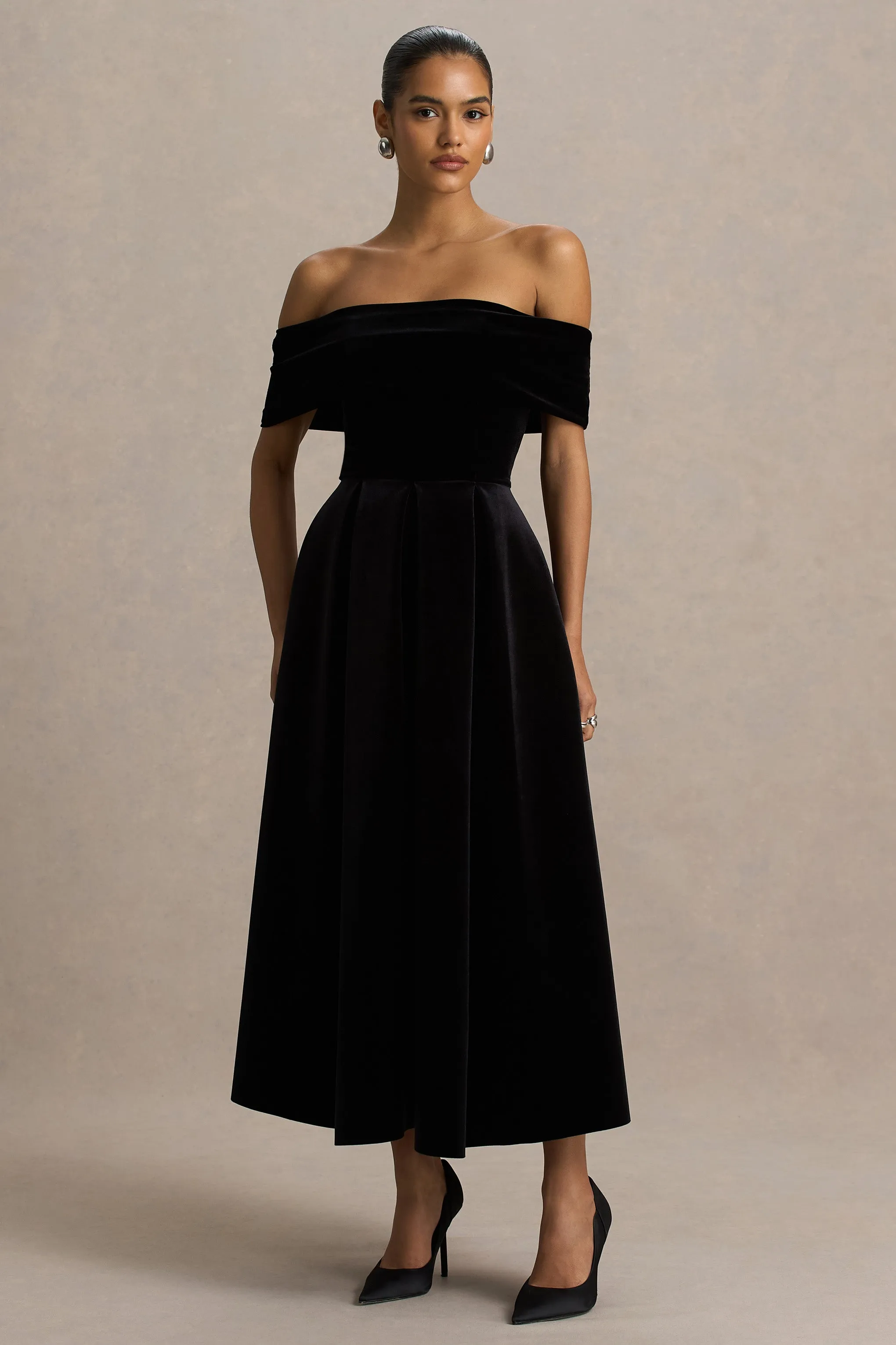 Ablaze | Black Velvet Bardot-Neck Midi Dress sold by Club L London product image thumbnail 5