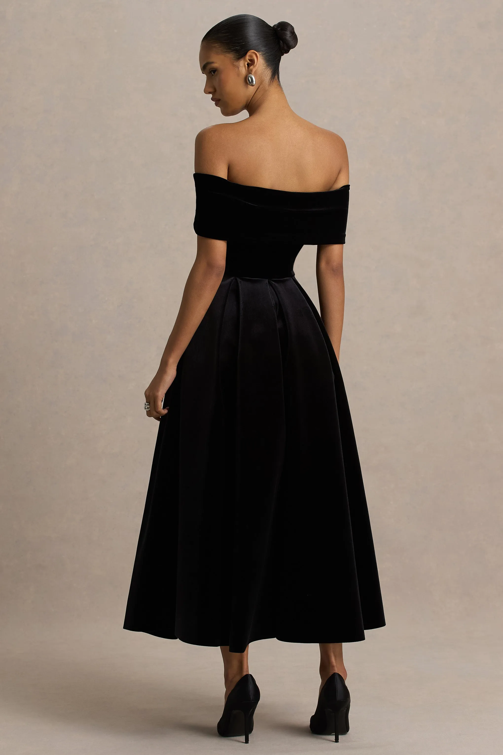 Ablaze | Black Velvet Bardot-Neck Midi Dress sold by Club L London product image thumbnail 2