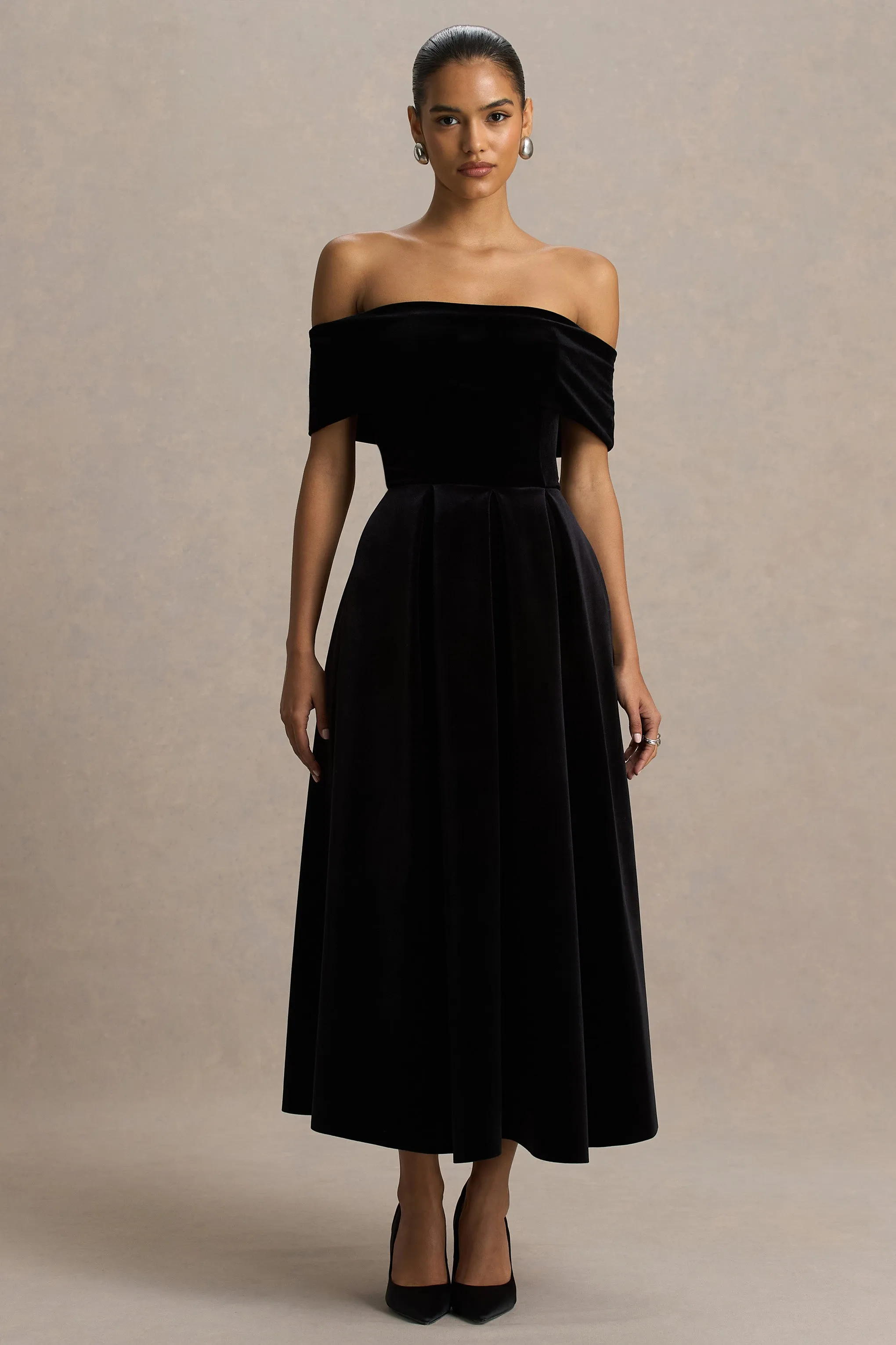 Ablaze | Black Velvet Bardot-Neck Midi Dress sold by Club L London product image thumbnail 3