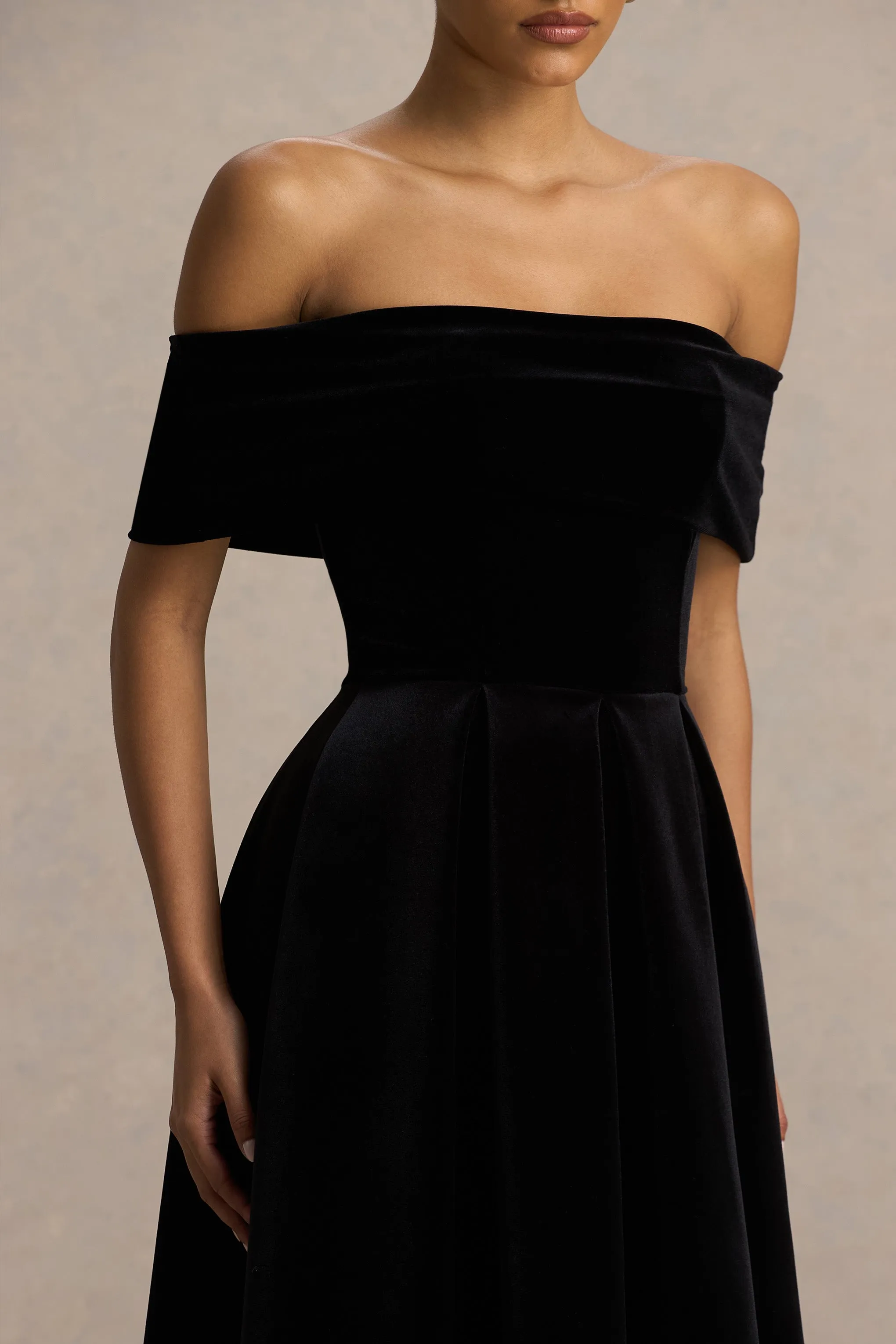 Ablaze | Black Velvet Bardot-Neck Midi Dress sold by Club L London product image thumbnail 4