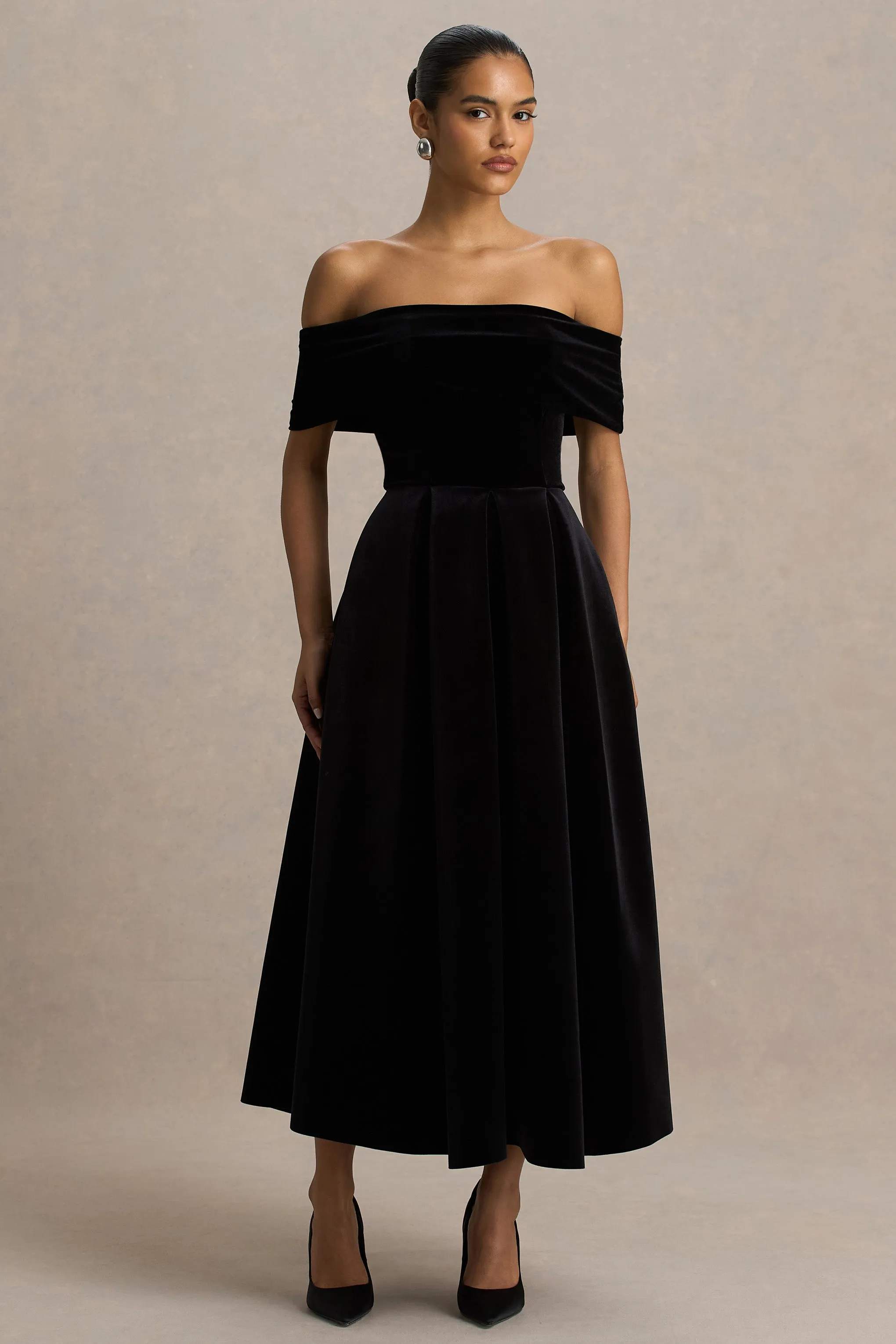 Ablaze | Black Velvet Bardot-Neck Midi Dress sold by Club L London