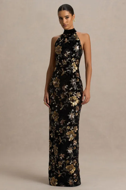 Tate | Black Velvet Halter-Neck Maxi Dress With Bronze Floral Sequin Embellishments made by Club L London