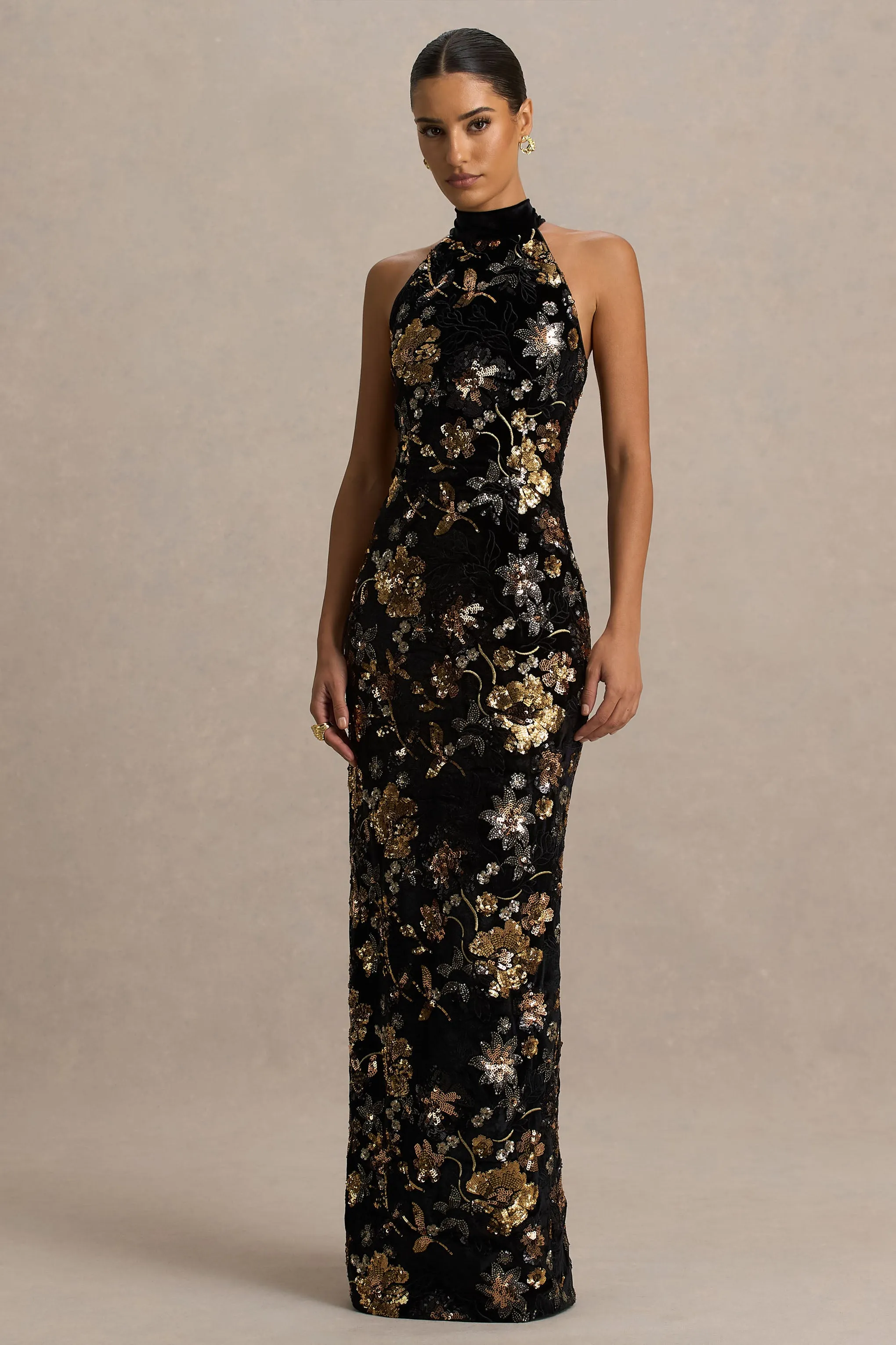 Tate | Black Velvet Halter-Neck Maxi Dress With Bronze Floral Sequin Embellishments sold by Club L London