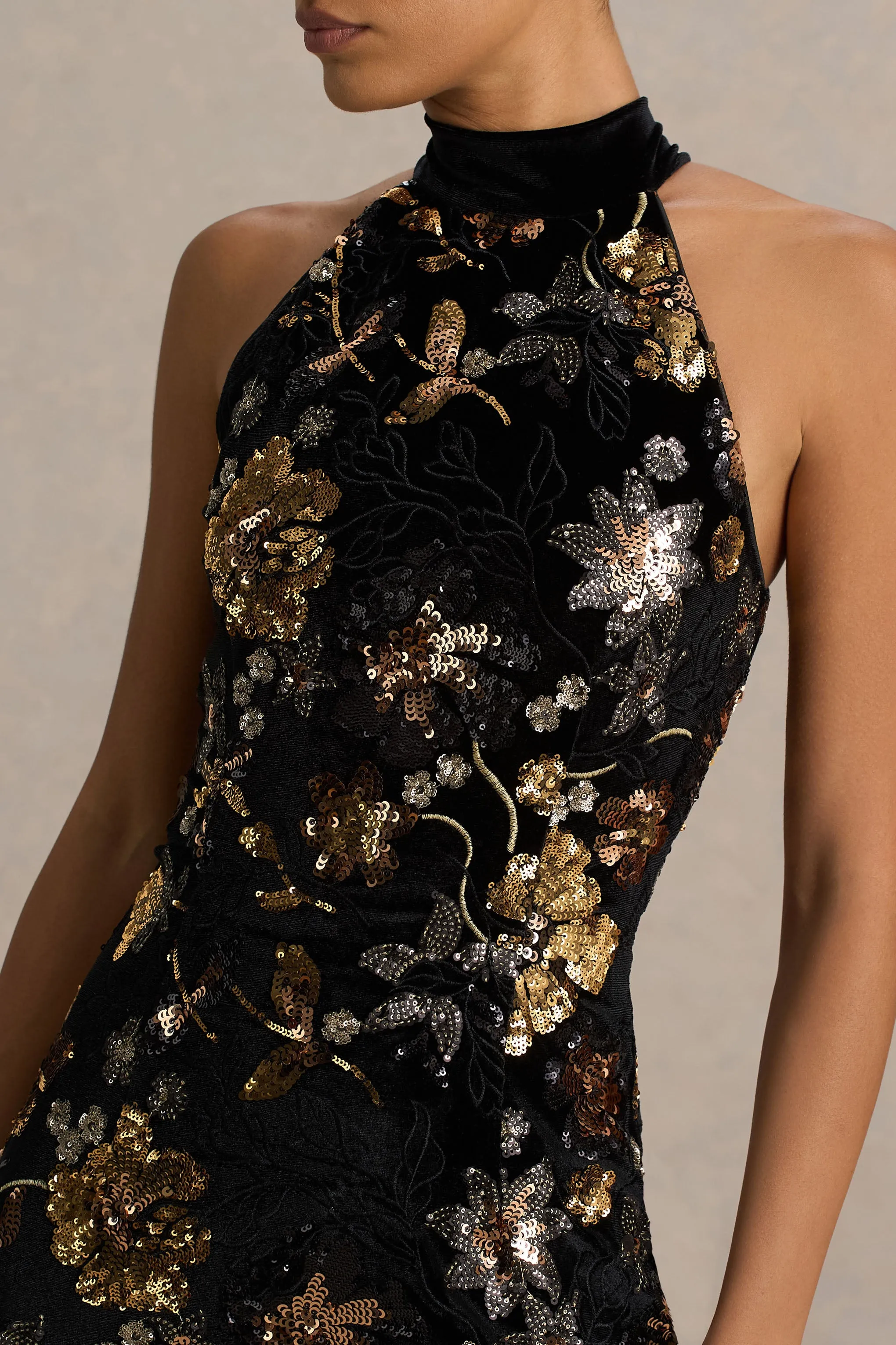 Tate | Black Velvet Halter-Neck Maxi Dress With Bronze Floral Sequin Embellishments sold by Club L London product image thumbnail 3