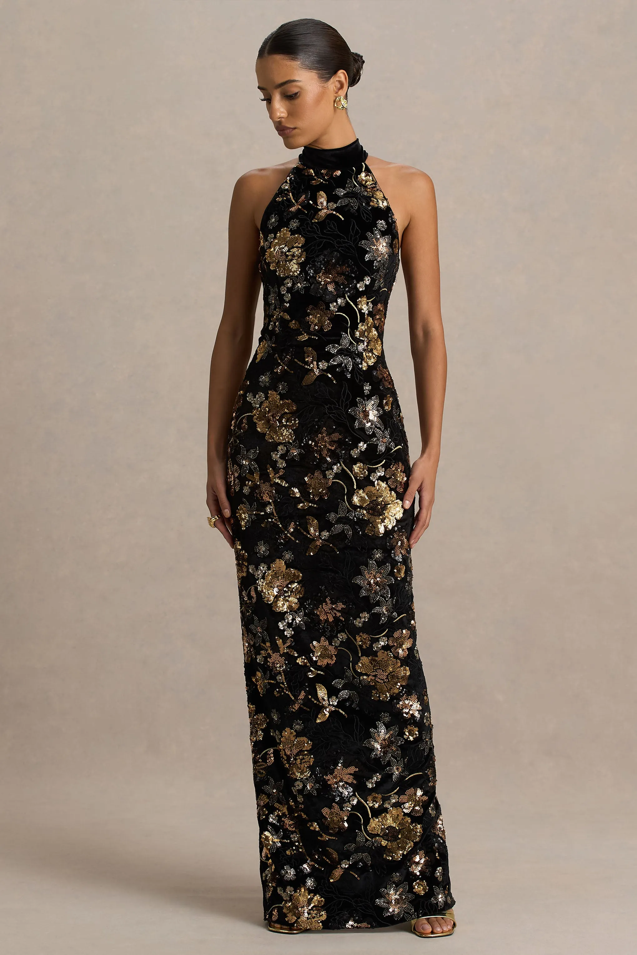 Tate | Black Velvet Halter-Neck Maxi Dress With Bronze Floral Sequin Embellishments sold by Club L London product image thumbnail 4