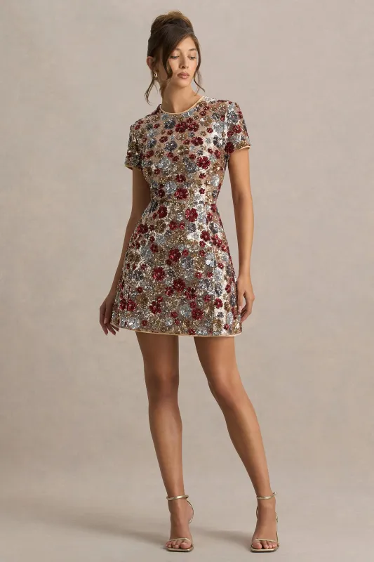 Eira | Red Floral Embellished Sequin Crew-Neck Mini Dress sold by Club L London