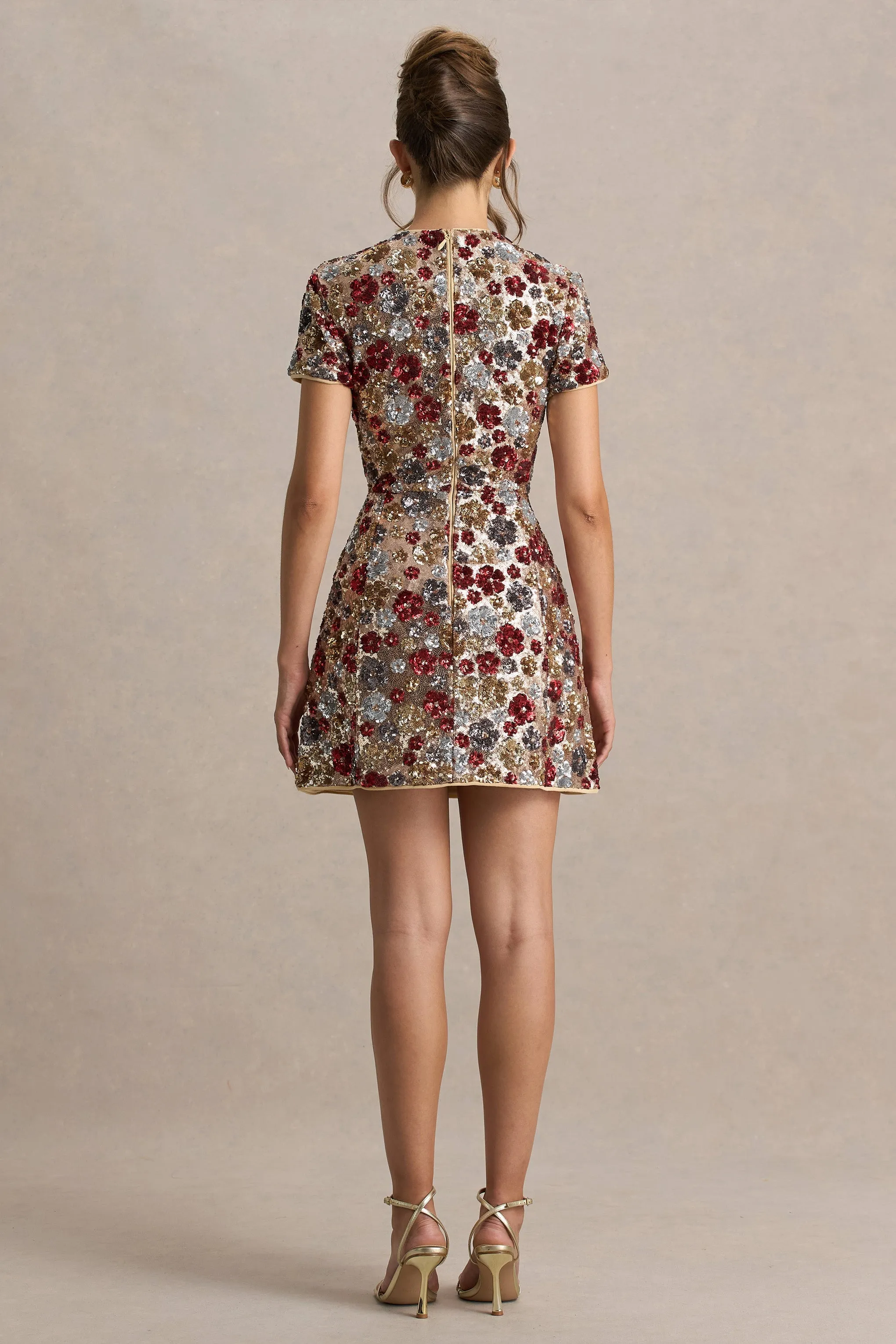 Eira | Red Floral Embellished Sequin Crew-Neck Mini Dress sold by Club L London product image thumbnail 2