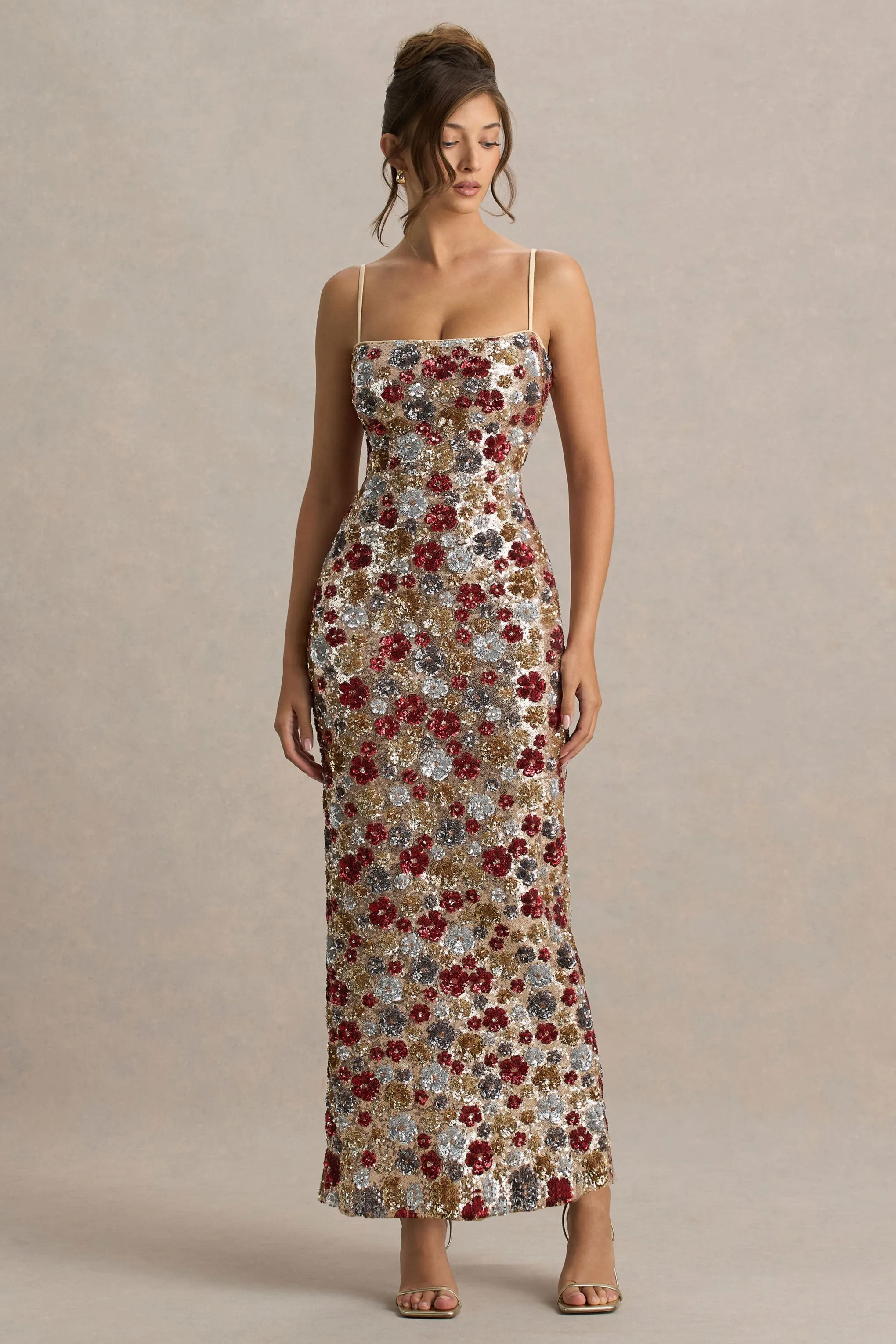 Vitora | Red Floral Embellished Sequin Square-Neck Maxi Dress sold by Club L London product image thumbnail 4