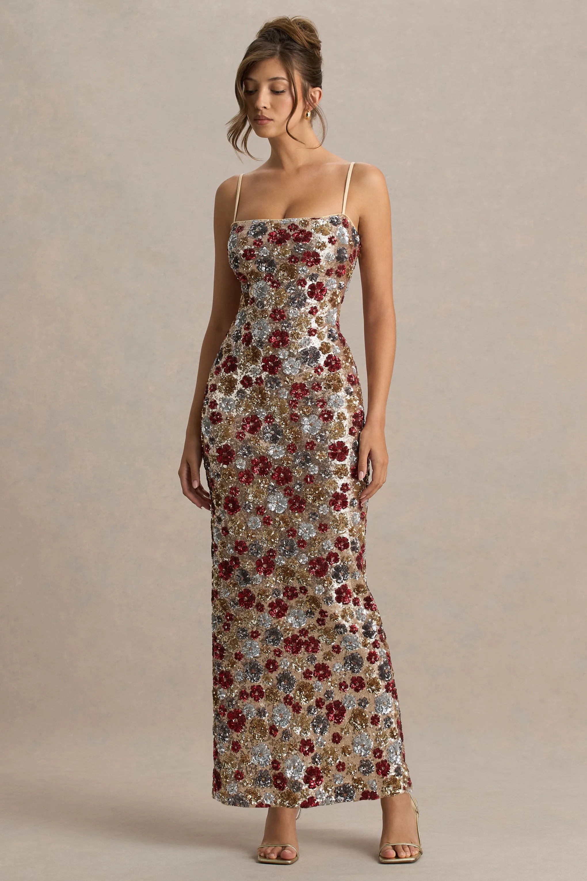 Vitora | Red Floral Embellished Sequin Square-Neck Maxi Dress sold by Club L London product image thumbnail 5