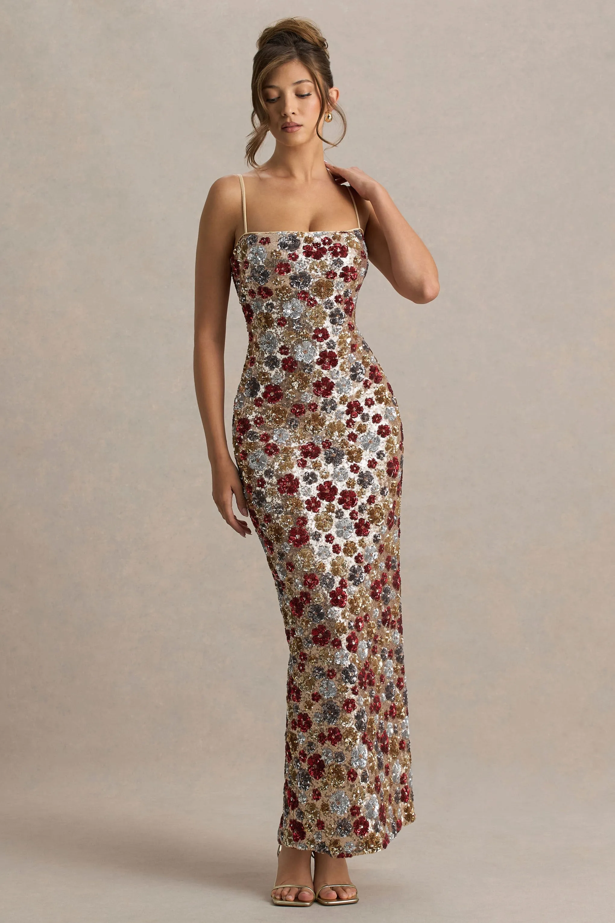 Vitora | Red Floral Embellished Sequin Square-Neck Maxi Dress sold by Club L London