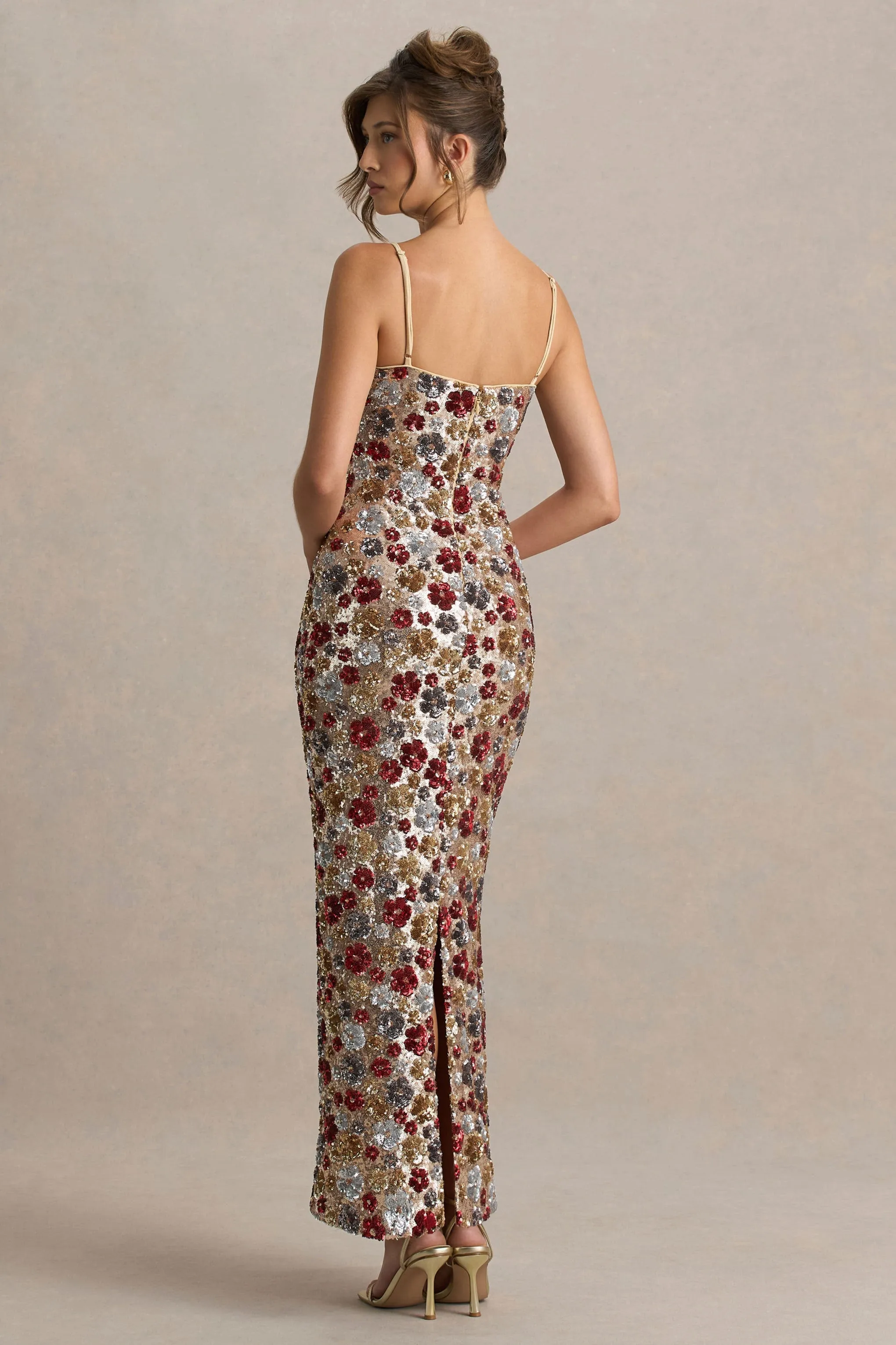 Vitora | Red Floral Embellished Sequin Square-Neck Maxi Dress sold by Club L London product image thumbnail 2