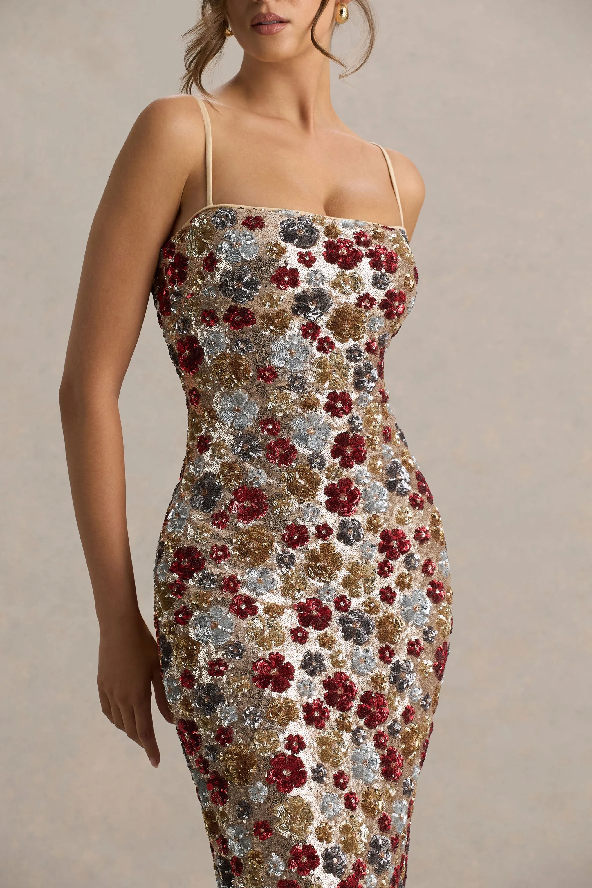 Vitora | Red Floral Embellished Sequin Square-Neck Maxi Dress sold by Club L London product image thumbnail 3