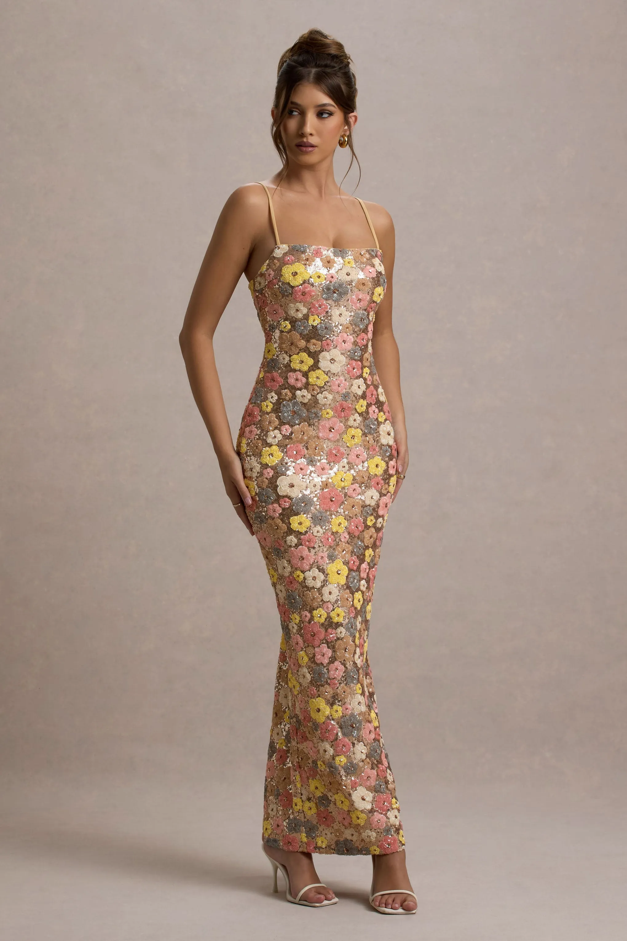 Vitora | Pastel Floral Print Embellished Sequin Square-Neck Maxi Dress sold by Club L London product image thumbnail 5