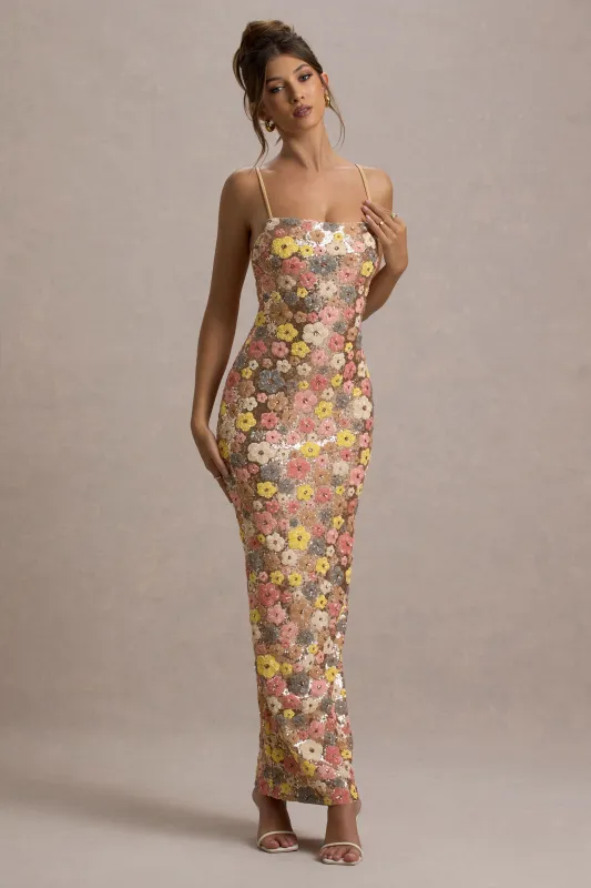 Vitora | Pastel Floral Print Embellished Sequin Square-Neck Maxi Dress sold by Club L London