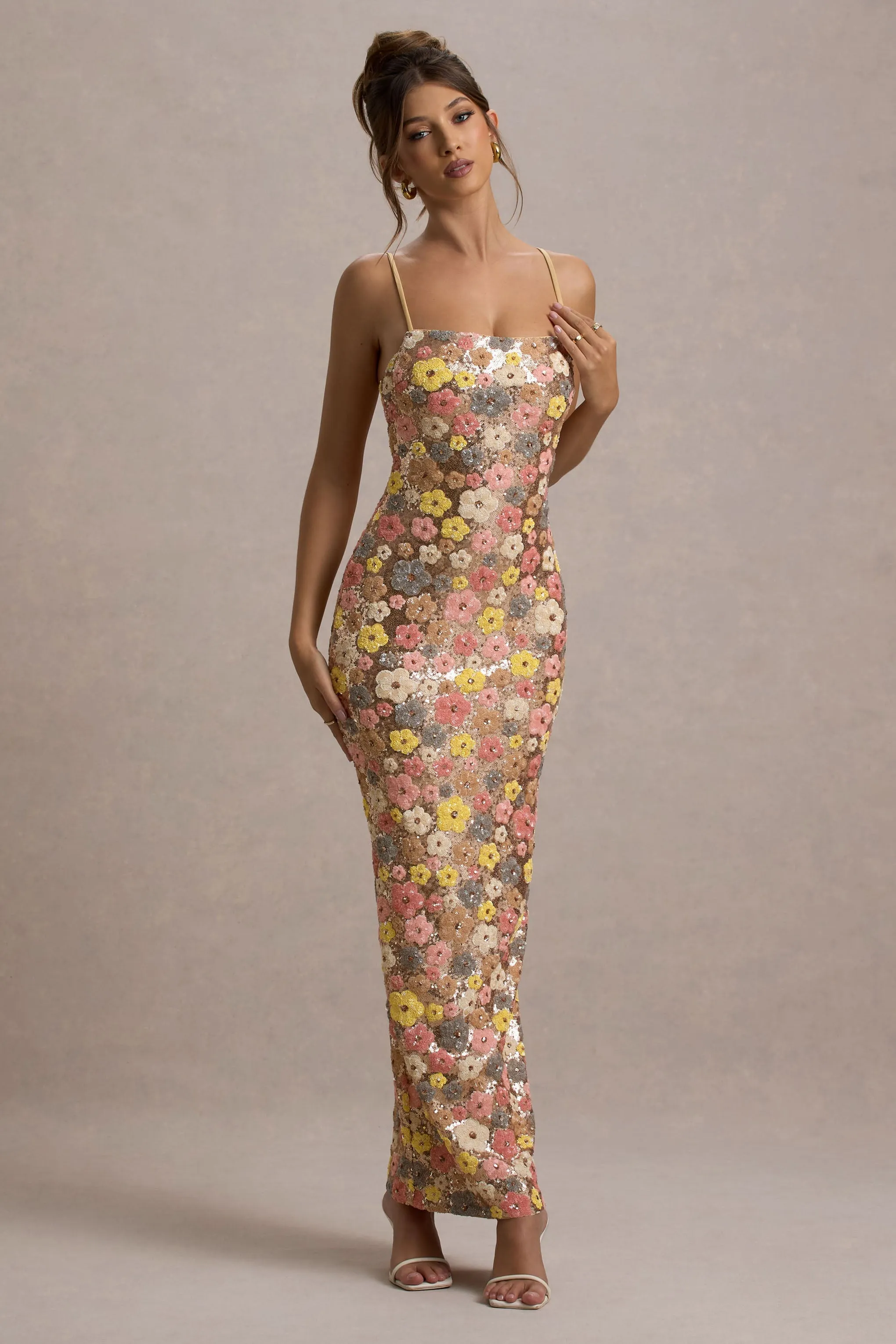 Vitora | Pastel Floral Print Embellished Sequin Square-Neck Maxi Dress sold by Club L London
