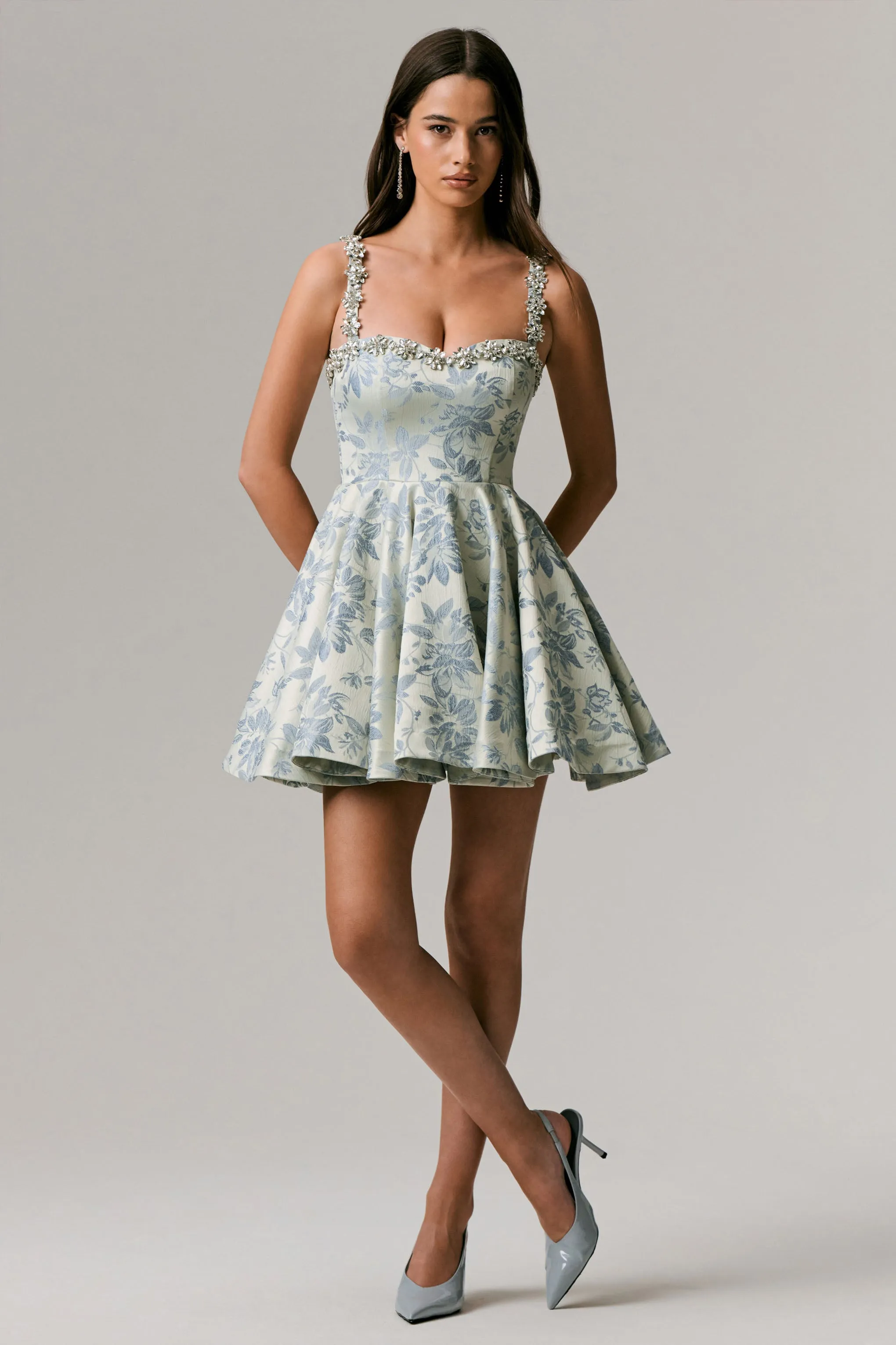 Seashell | Light Blue Jacquard Embellished Sweetheart-Neck Skater Mini Dress sold by Club L London product image thumbnail 4