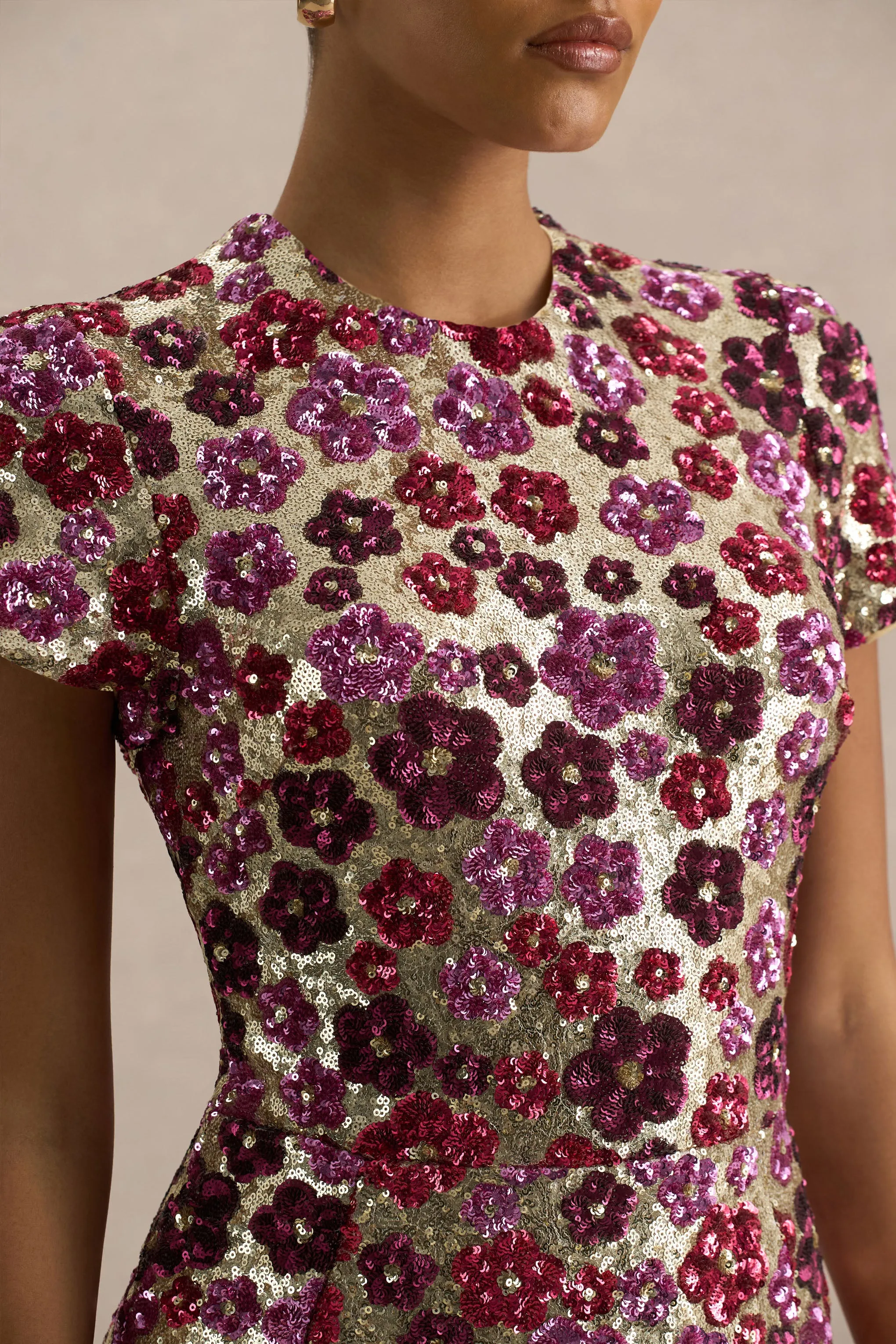 Eira | Pink Floral Embellished Sequin Crew-Neck Mini Dress sold by Club L London product image thumbnail 3