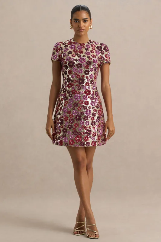Eira | Pink Floral Embellished Sequin Crew-Neck Mini Dress sold by Club L London