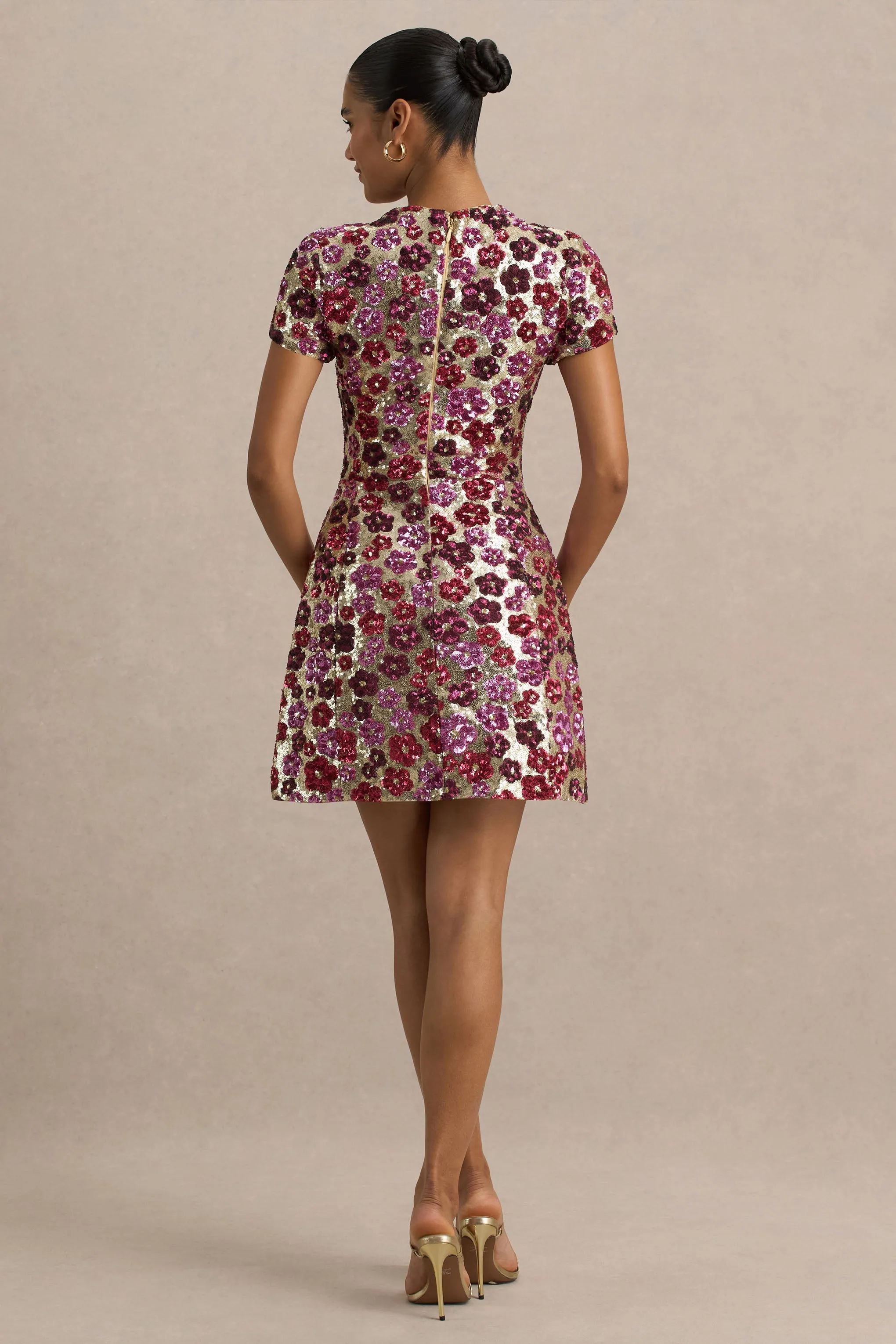 Eira | Pink Floral Embellished Sequin Crew-Neck Mini Dress sold by Club L London product image thumbnail 2